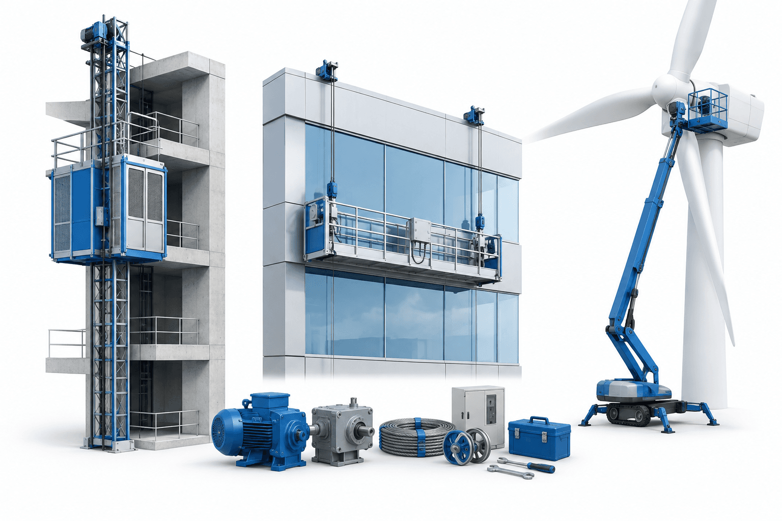 Alimak earnings illustration featuring vertical access equipment, a maintenance platform and a wind turbine service lift.