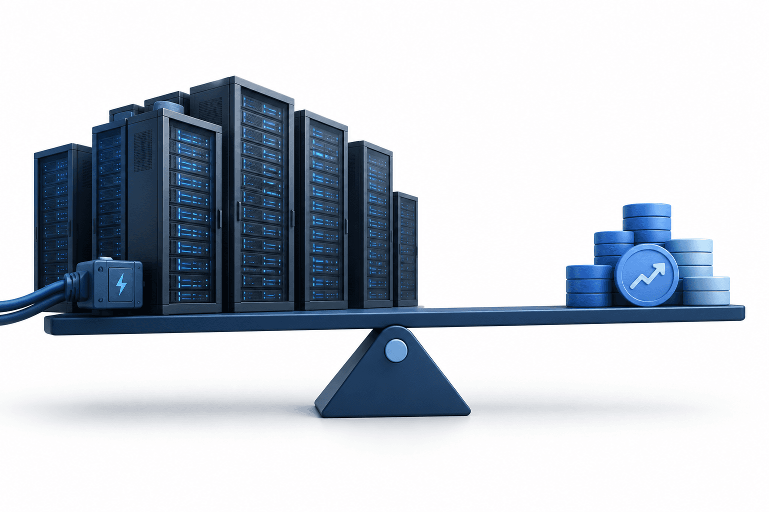 Concept illustration of AI spending represented by data-centre servers balanced against potential financial returns.