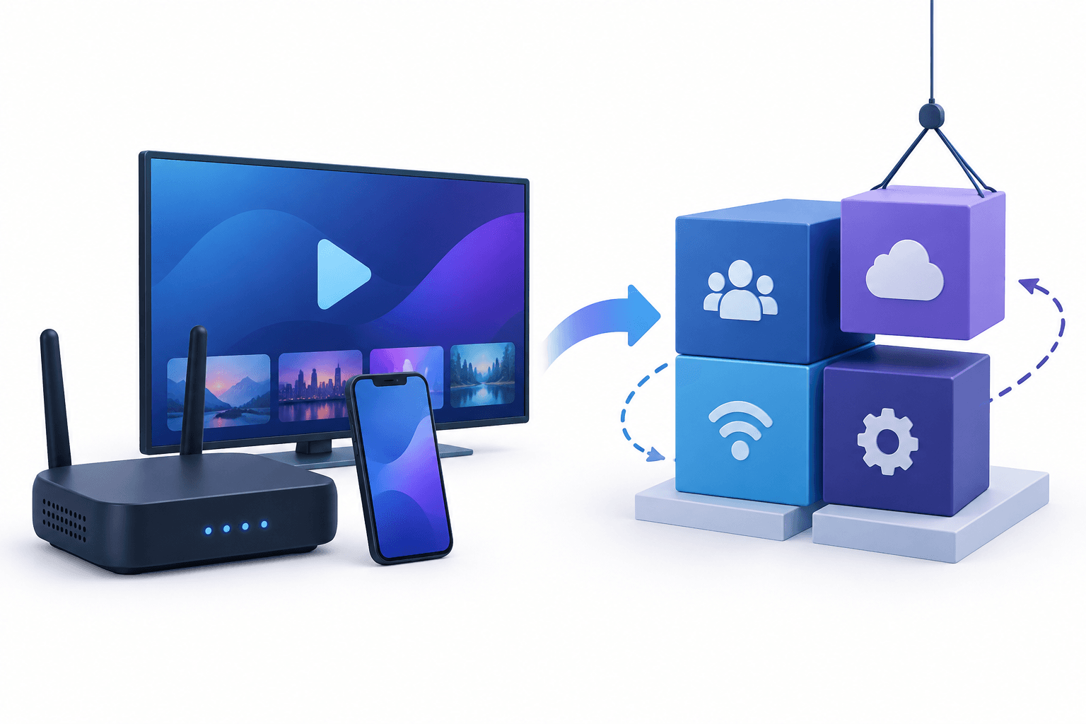 Comcast earnings concept illustration showing broadband, wireless and streaming alongside reorganized business blocks.