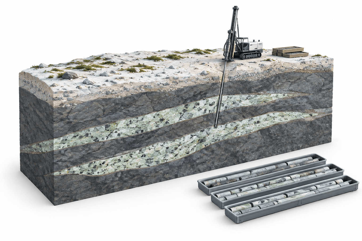 Concept illustration of Li-FT drilling results showing pegmatite layers, a diamond drill and core trays.