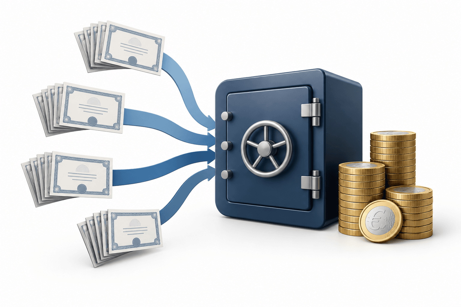 Exor buyback concept illustration showing share certificates moving into a treasury vault beside euro coins.