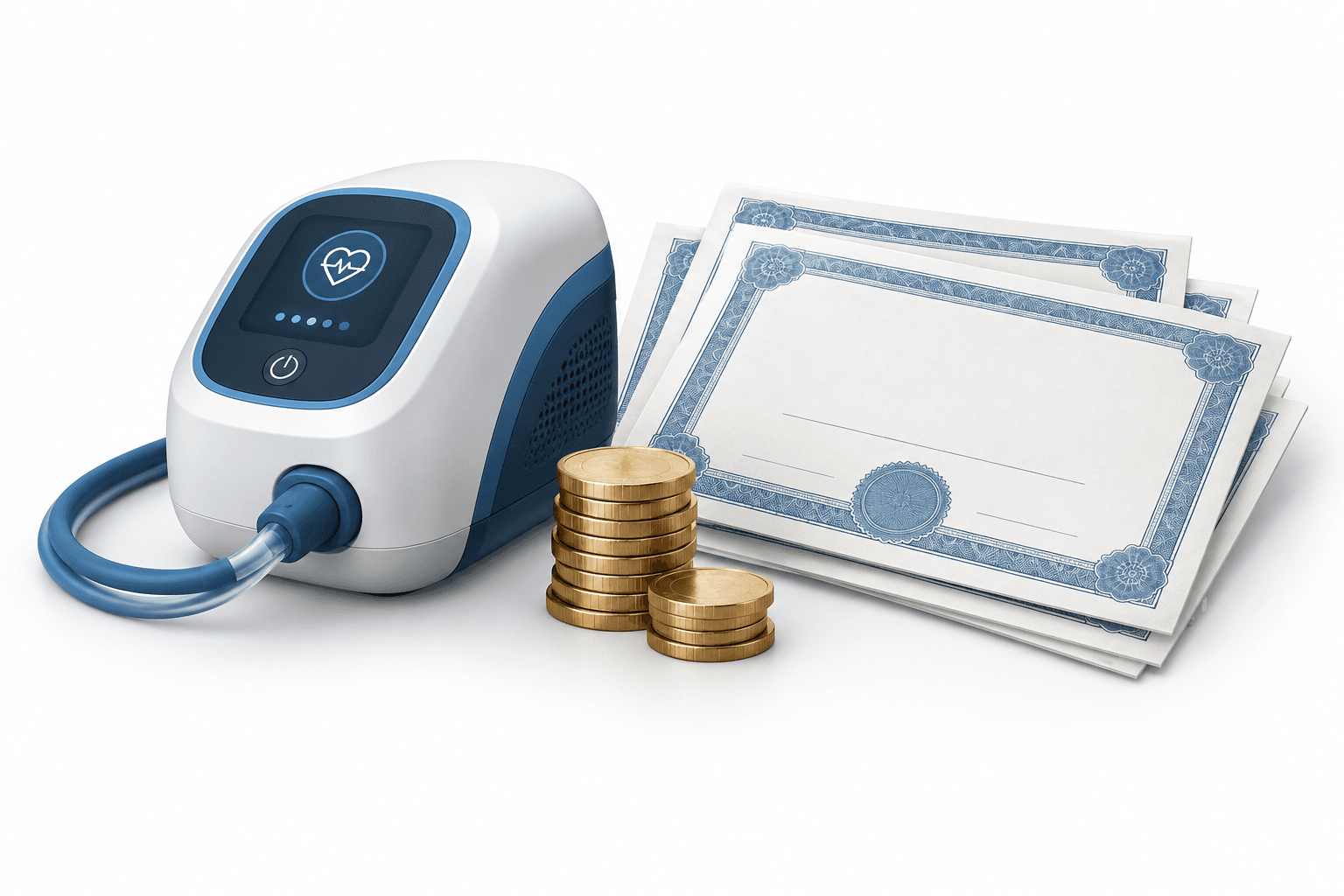 Concept illustration of the Therma Bright placement with a medical device, coins and blank share certificates.