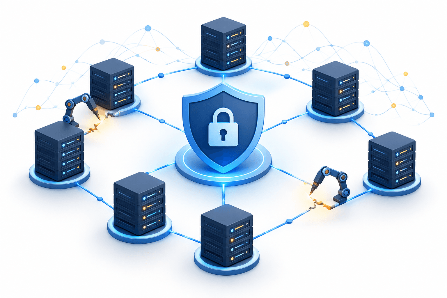 Conceptual illustration of the PHP security response showing connected servers and a protective shield.