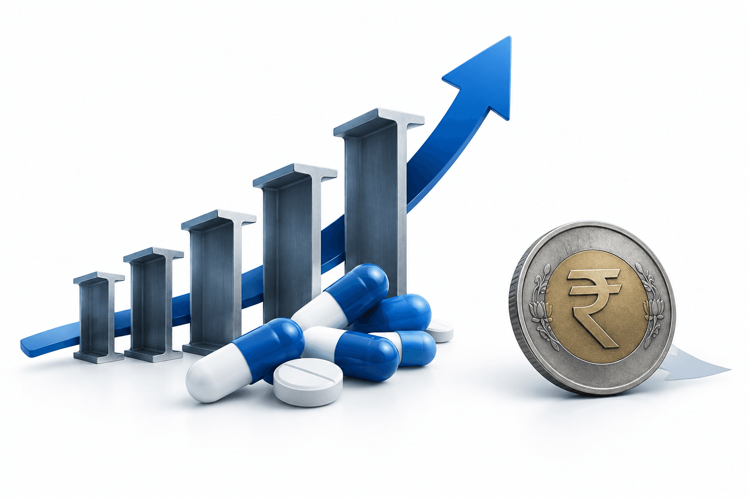 Concept illustration of the Nifty rebound with steel beams, pharmaceutical capsules and a rupee coin.