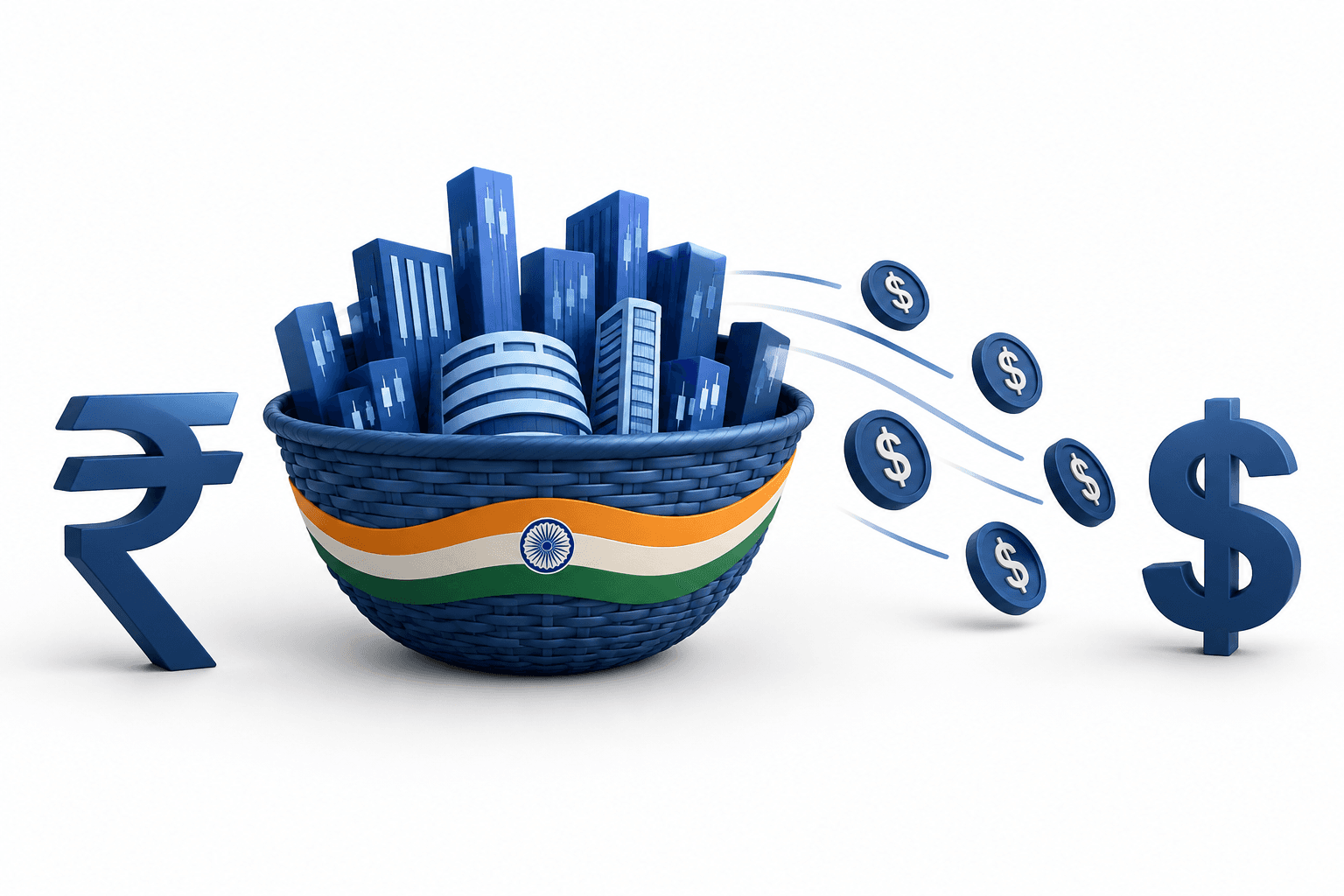 Concept illustration of the Nifty50 decline, foreign capital outflows and rupee weakness.