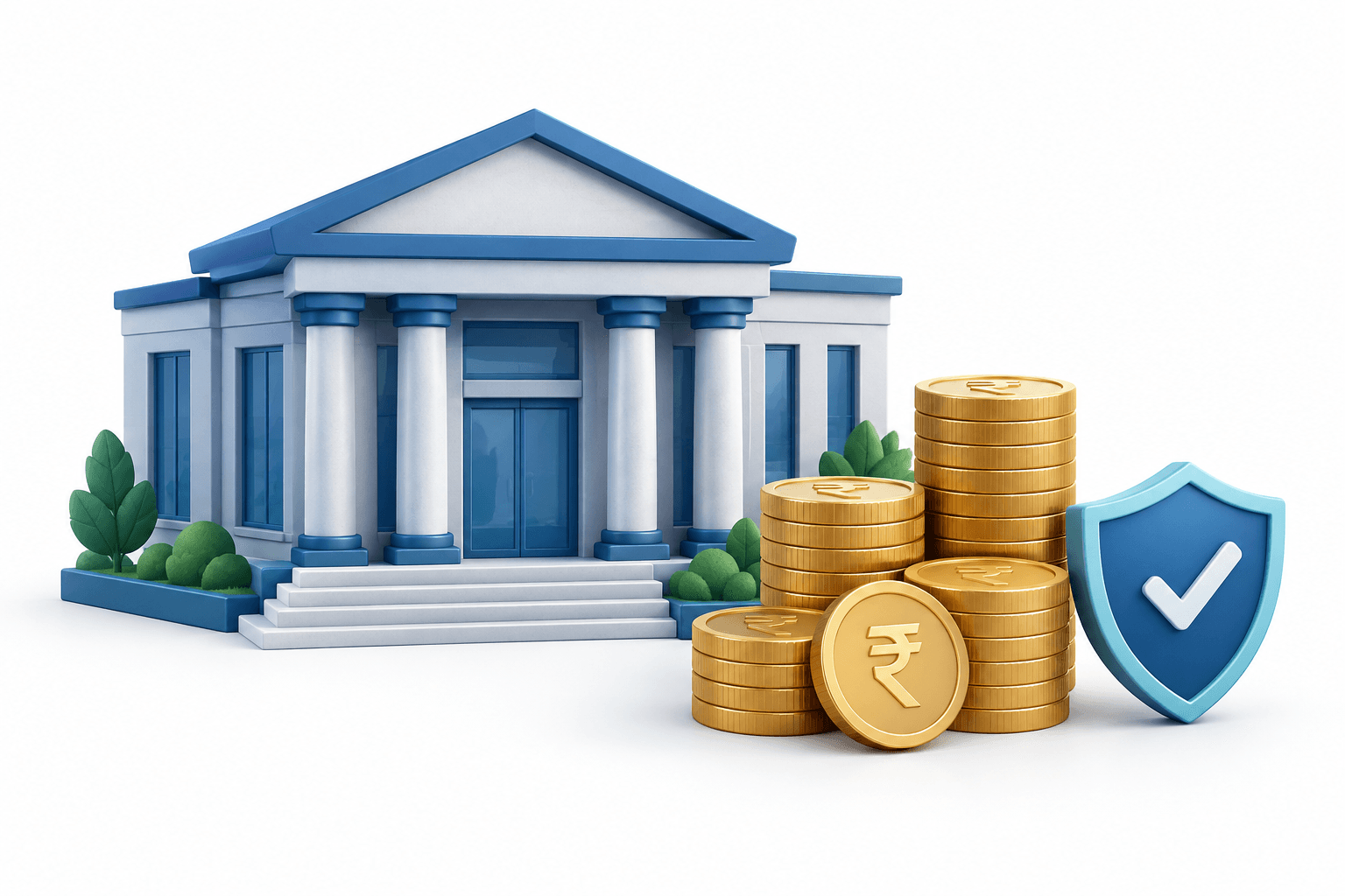 IOB profit illustration showing a generic bank, rupee coins and a loan-quality shield.