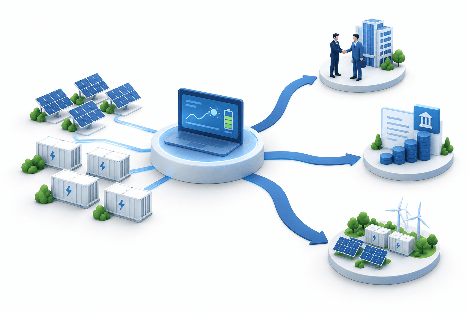 Concept illustration of the Stem strategic review, showing a clean-energy software hub with branching paths beside solar panels and batteries.