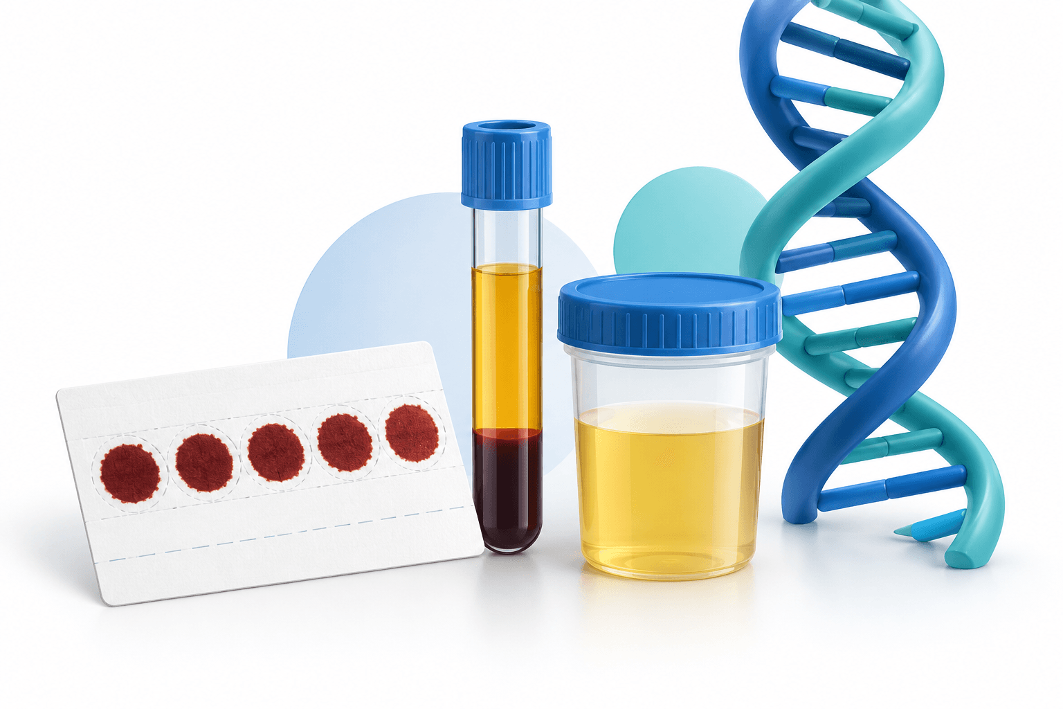 Concept illustration of APOE genotyping with dried blood spot, plasma and urine specimen containers beside a DNA helix.