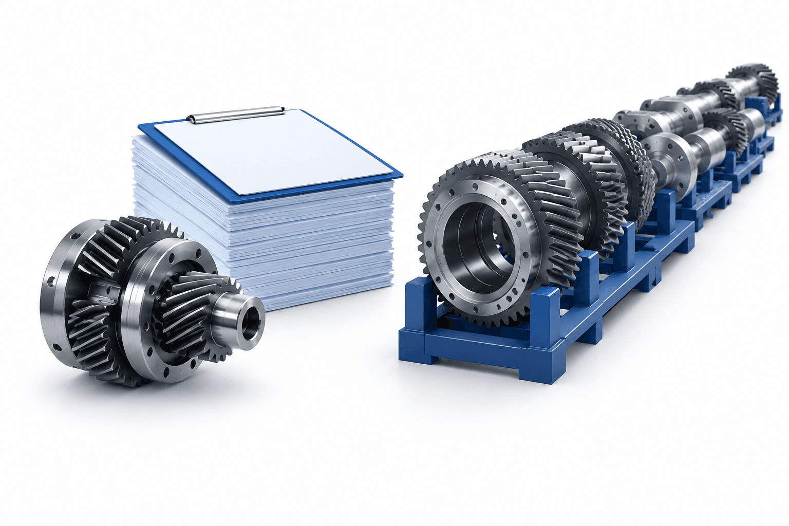 Industrial gears and blank order sheets illustrating Shanthi Gears profit results and record order bookings.