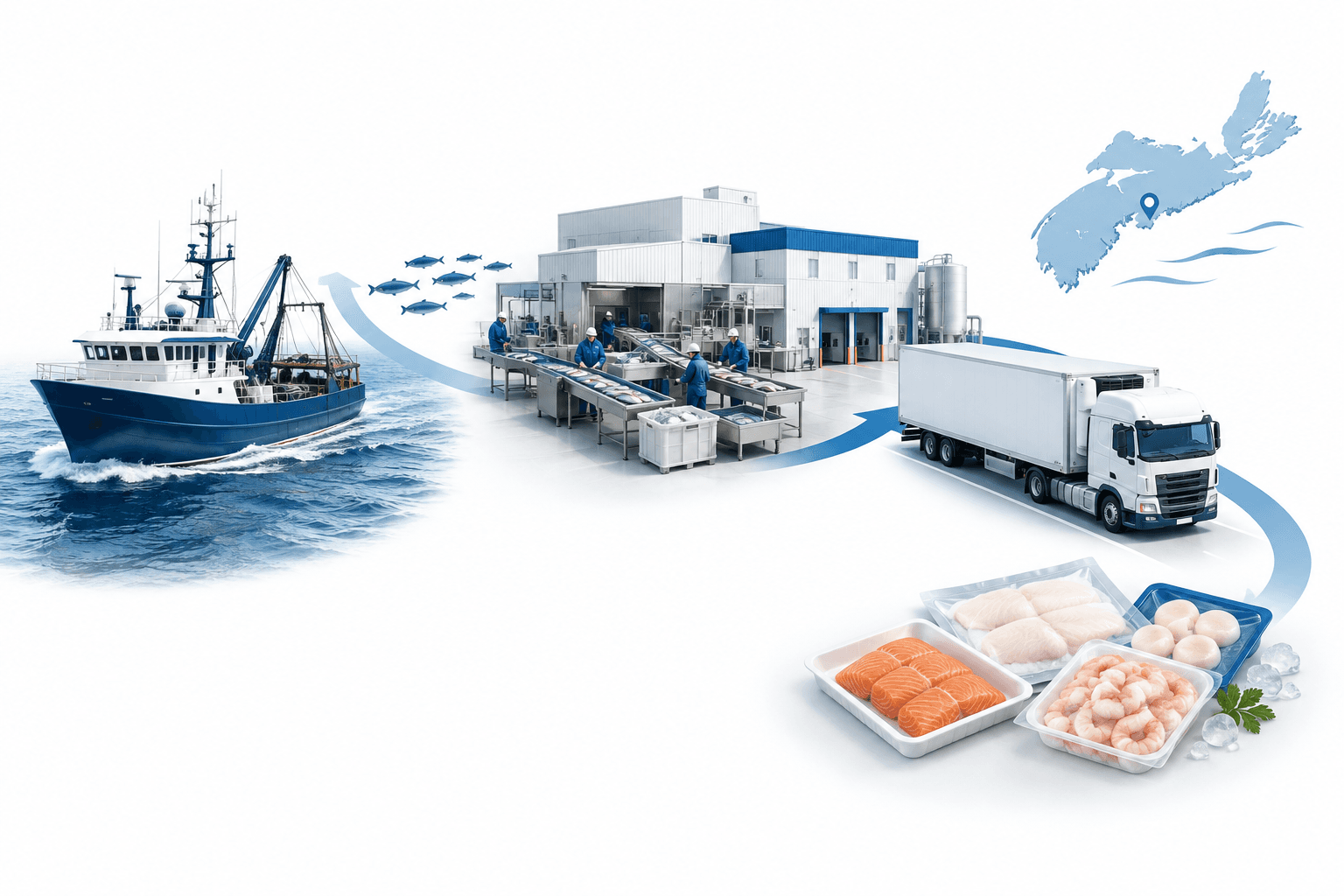 Concept illustration of the seafood supply chain involved in the proposed Umios acquisition of High Liner Foods.