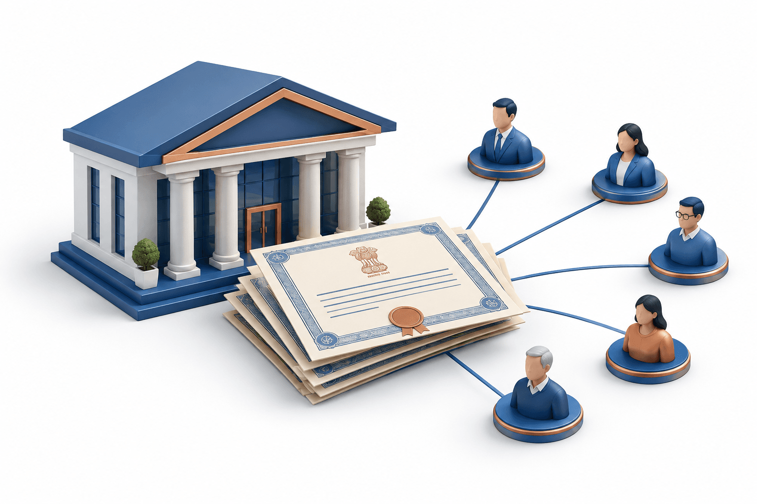 Concept illustration of Bank of Baroda’s government securities business linking a bank, bond certificates and individual investors.