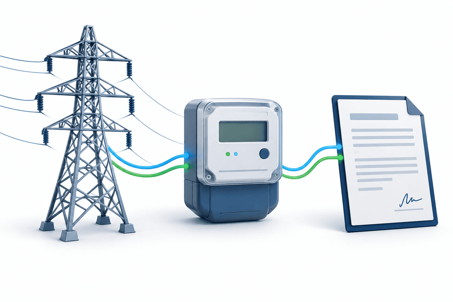 Adani Energy earnings concept illustration featuring a transmission pylon, smart meter and power supply contract.