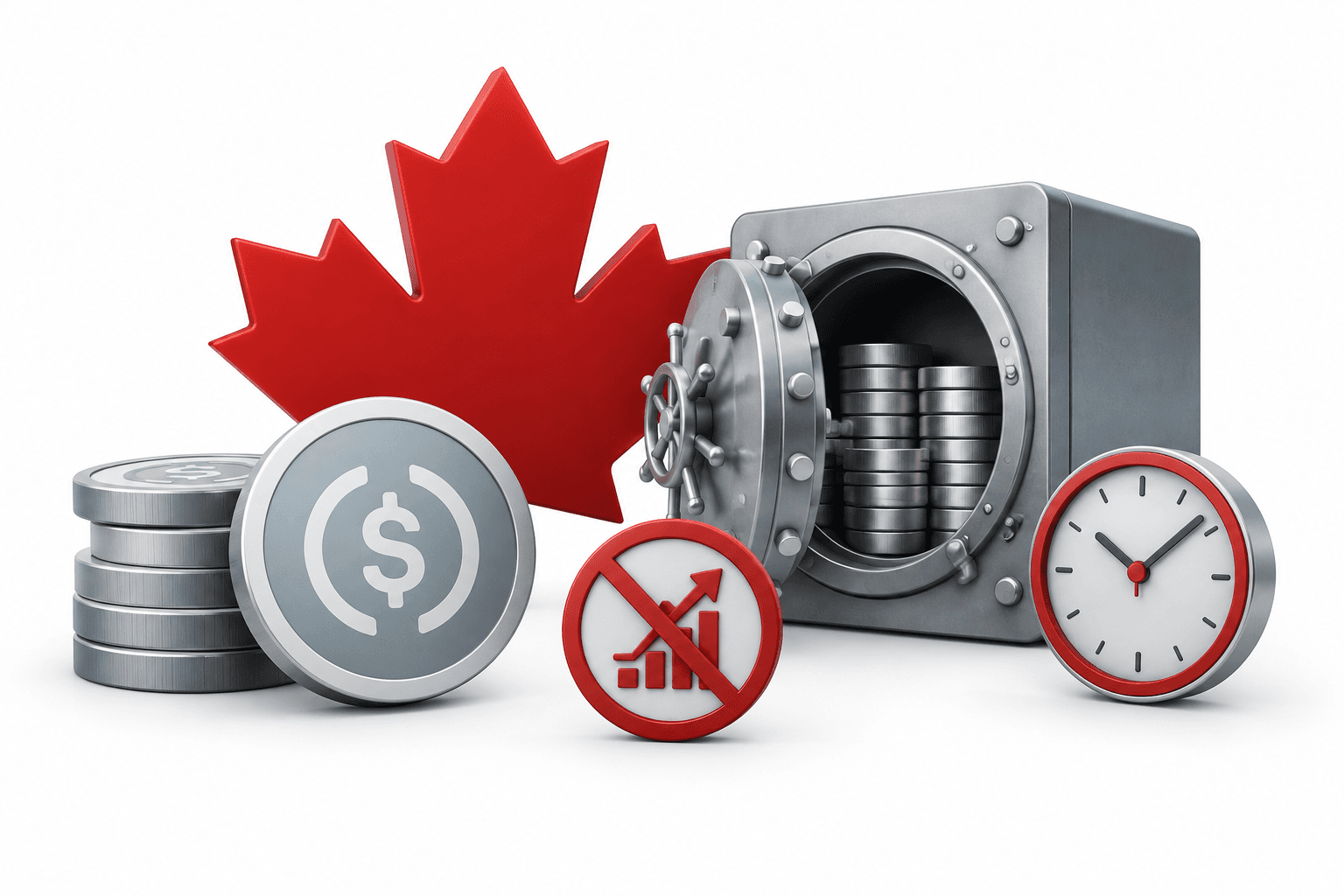 Concept illustration of Canada stablecoin rules with digital tokens, a reserve vault and a redemption clock.