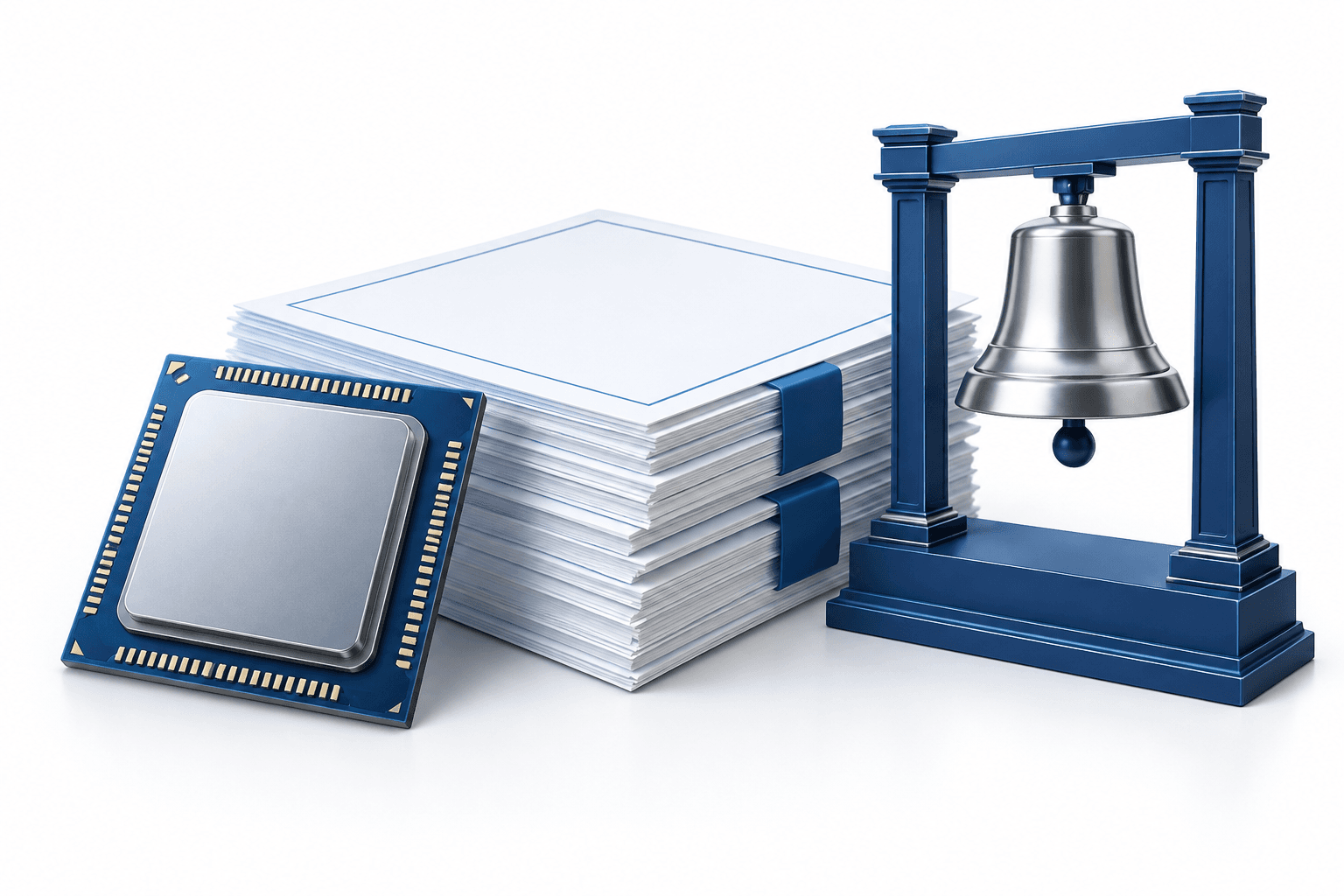Concept illustration of US stocks featuring a semiconductor chip, IPO paperwork and an exchange bell.