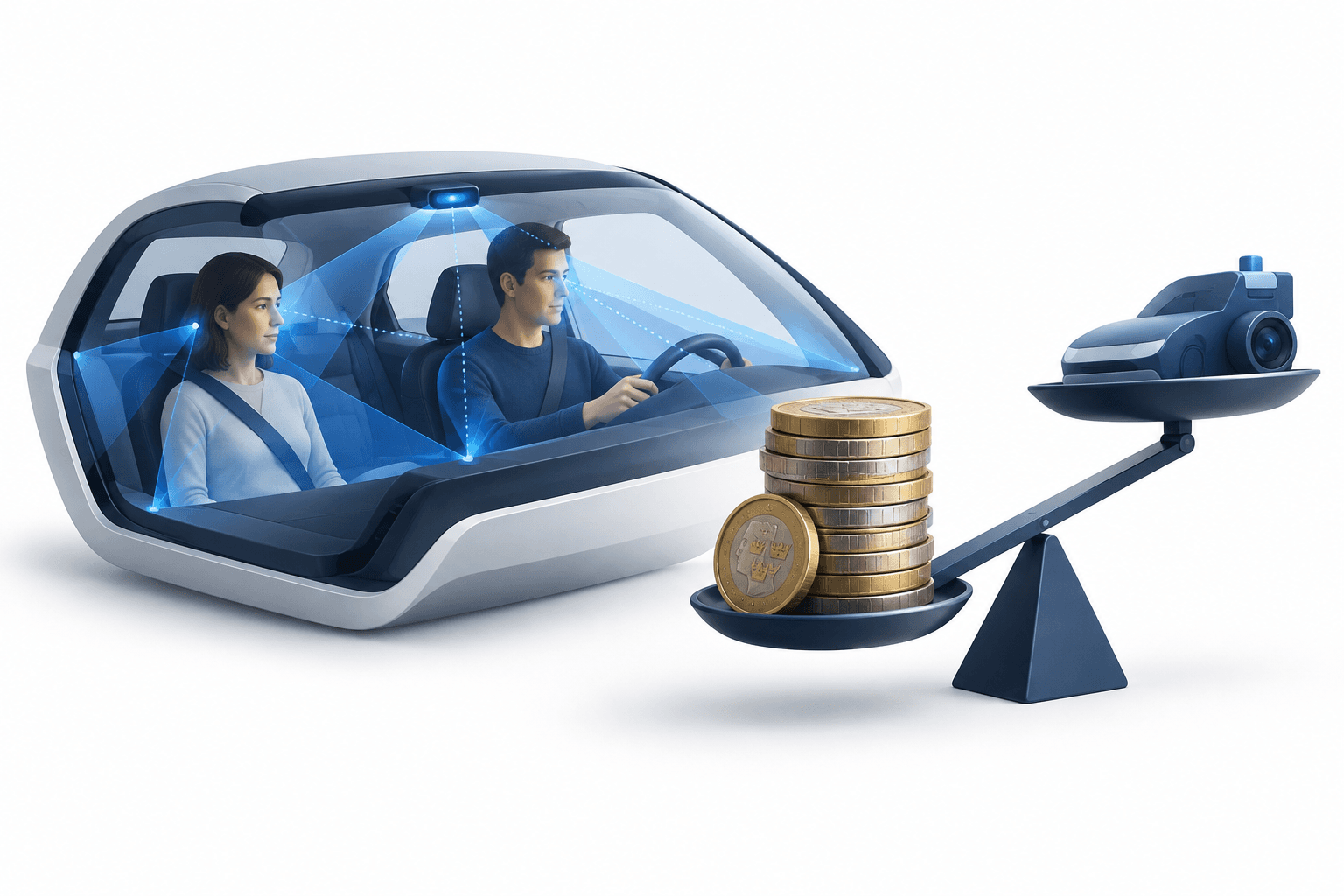 Concept illustration for Tobii earnings showing vehicle interior sensing technology beside coins and a balance scale.