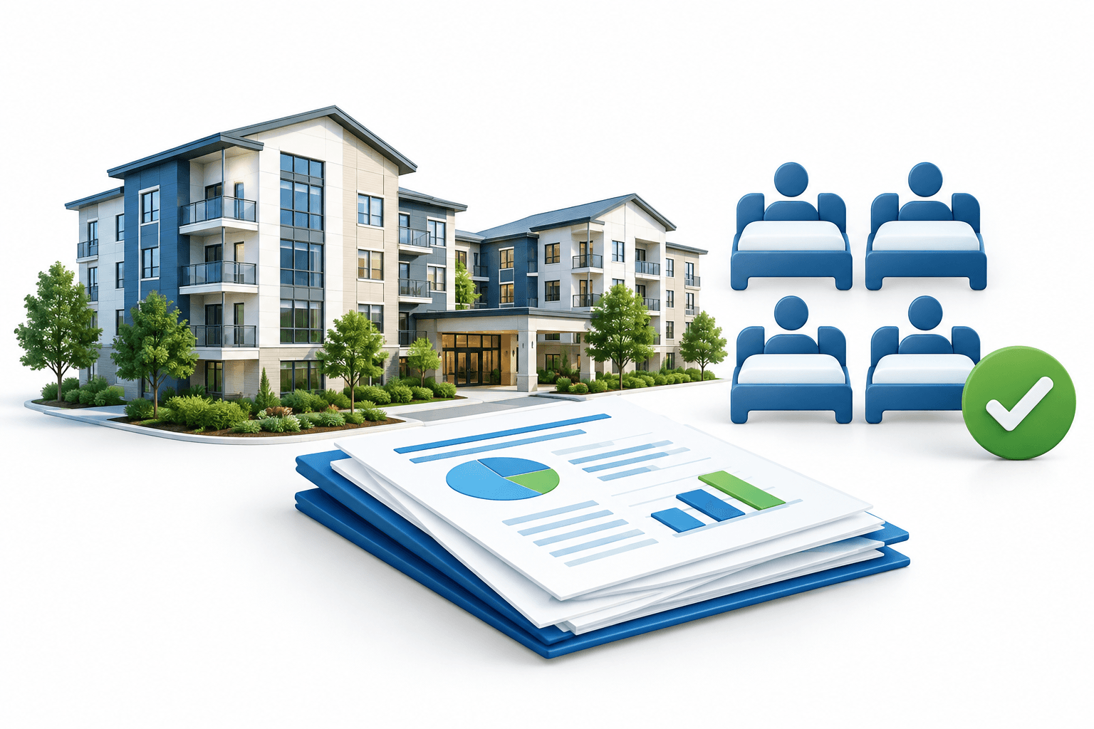 Welltower earnings illustration featuring senior housing buildings and abstract financial report sheets.
