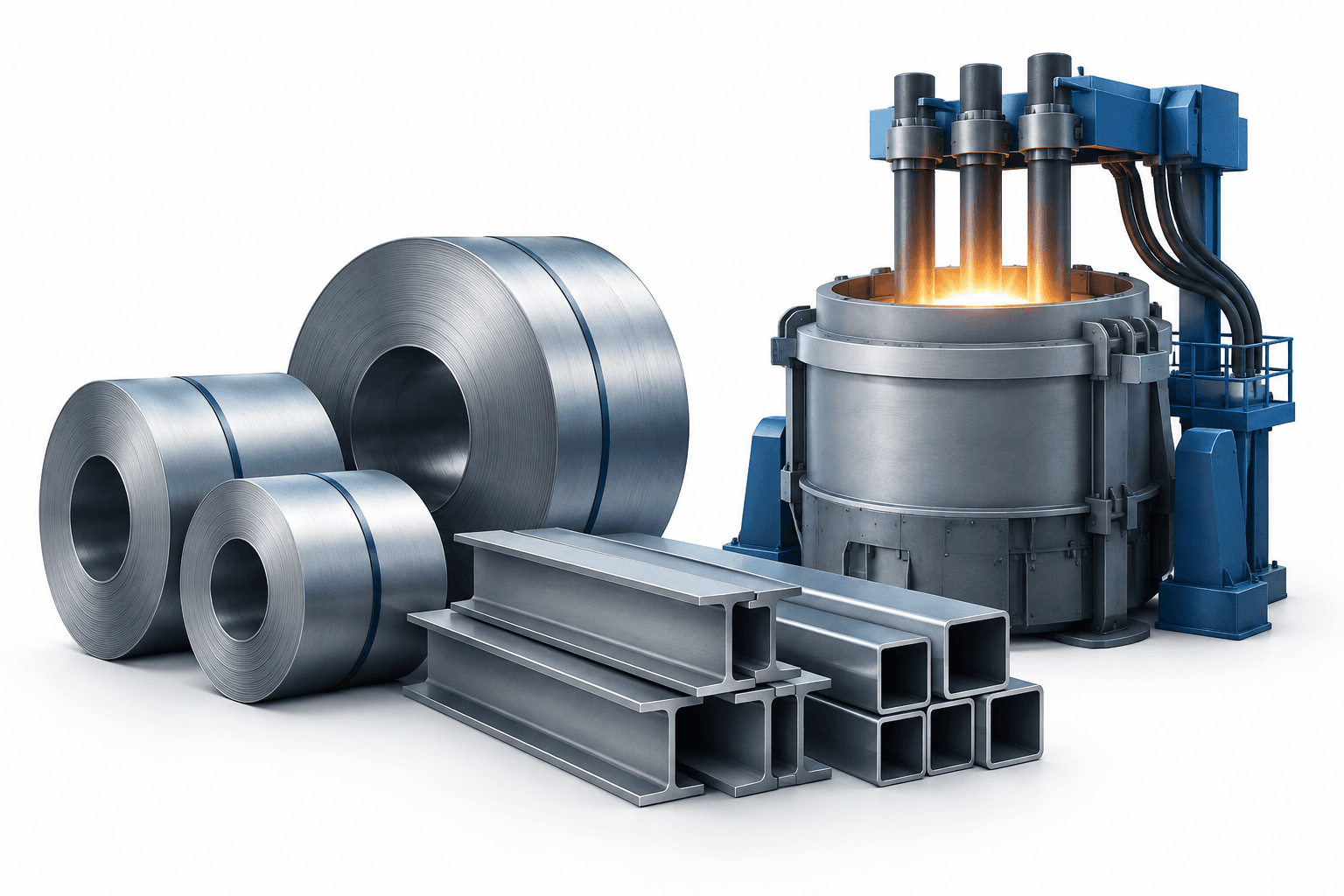 Steel coils and structural beams in a conceptual illustration accompanying Nucor earnings.