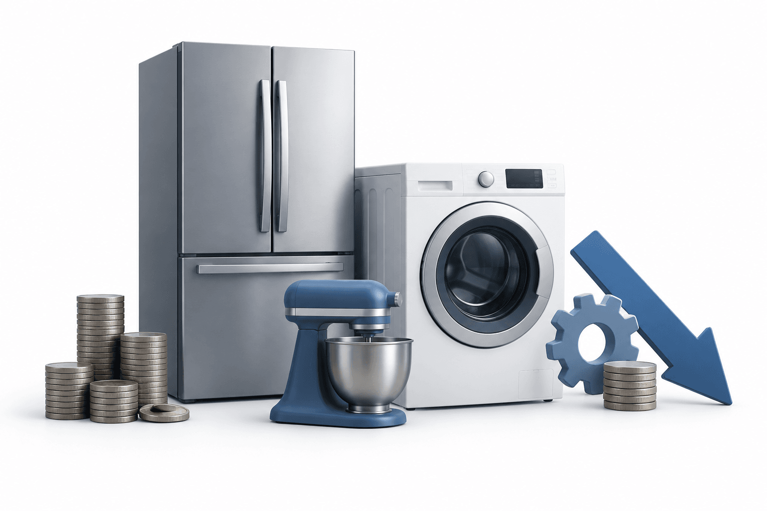 Whirlpool earnings illustration featuring household appliances and coins on a clean white background.