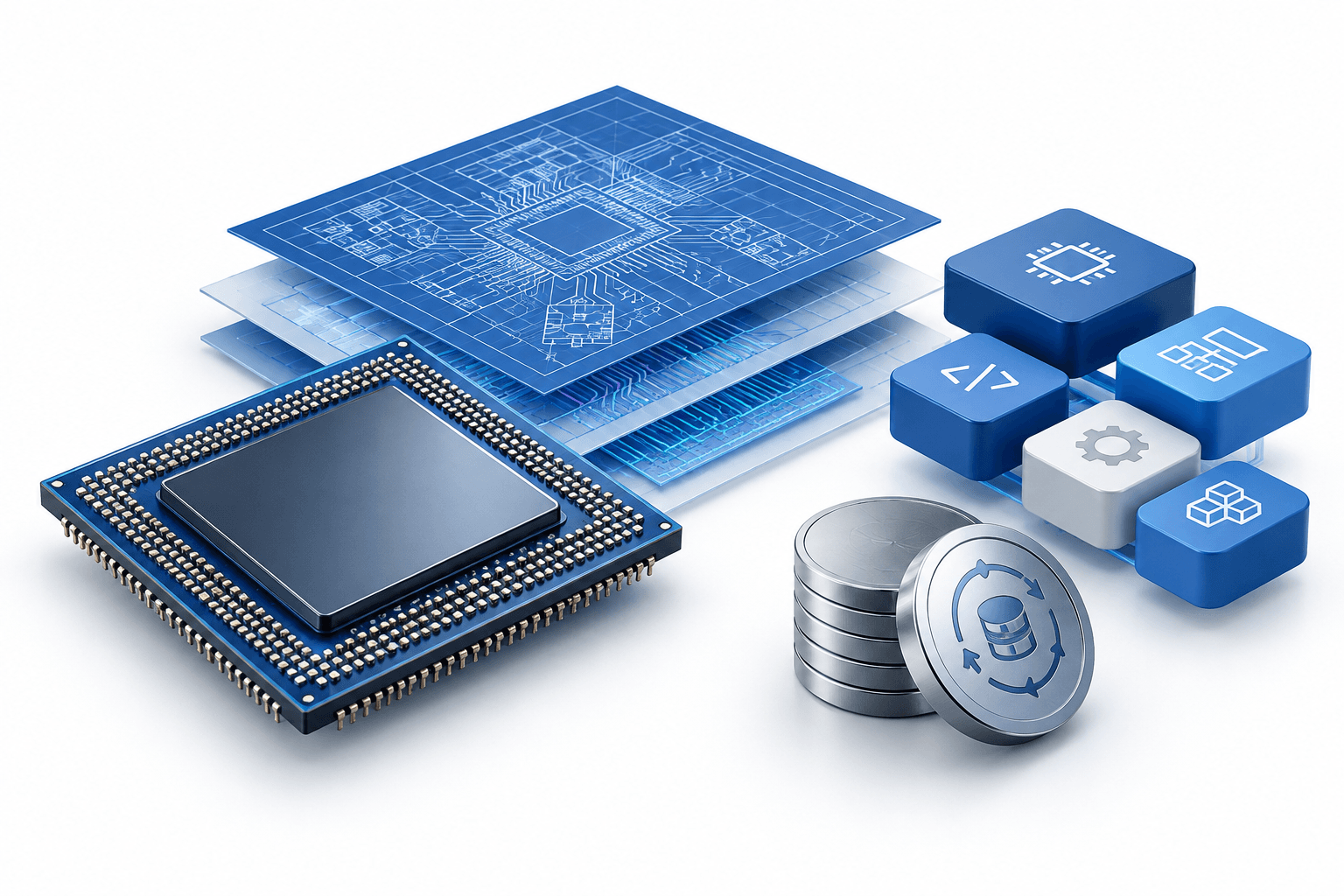 Cadence earnings illustration featuring a semiconductor chip, circuit-design layers and software blocks.