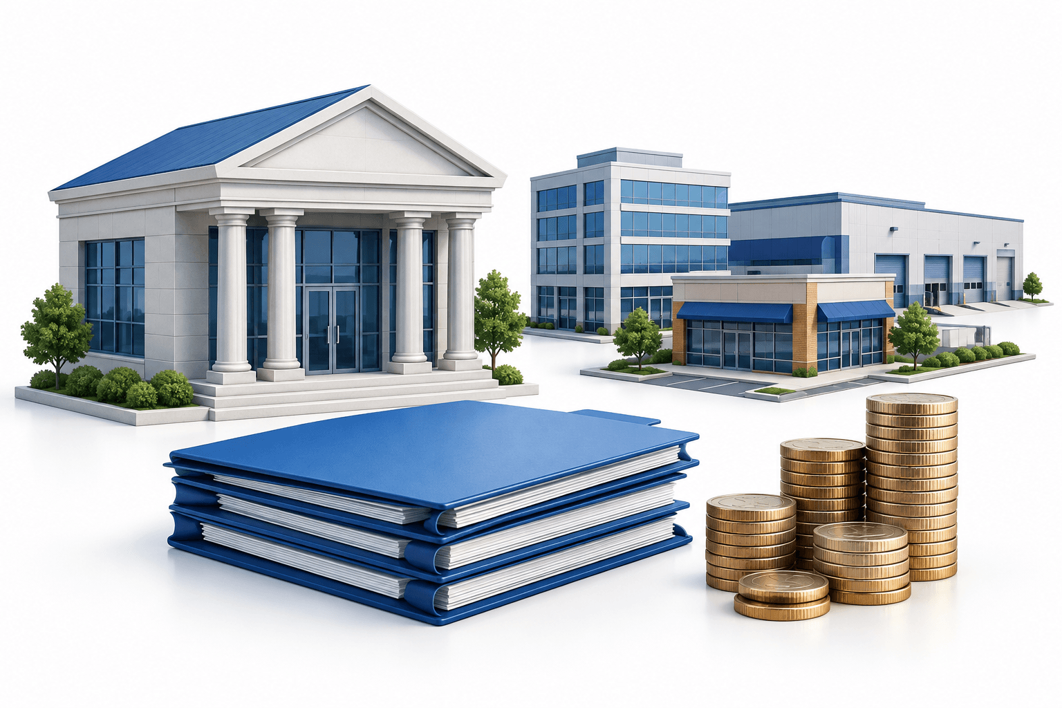 Concept illustration of Northeast Bank earnings and commercial lending, with a bank building, property models and loan documents.