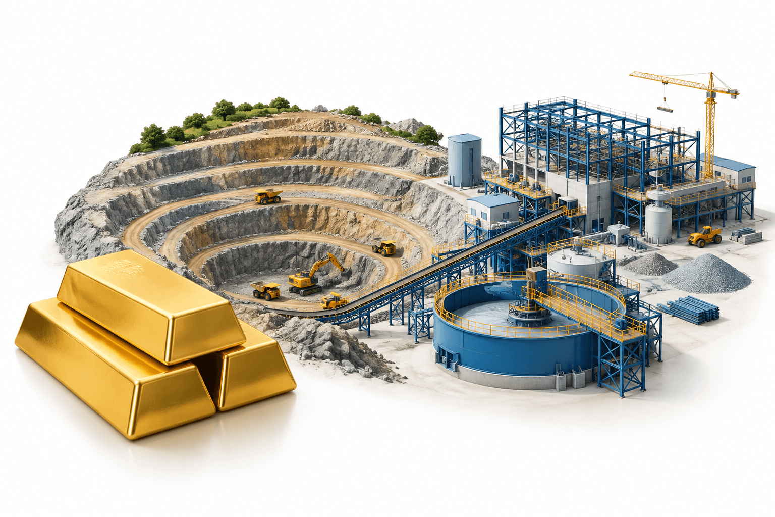 Concept illustration of Perseus production showing gold bullion, an open-pit mine and a processing plant under construction.