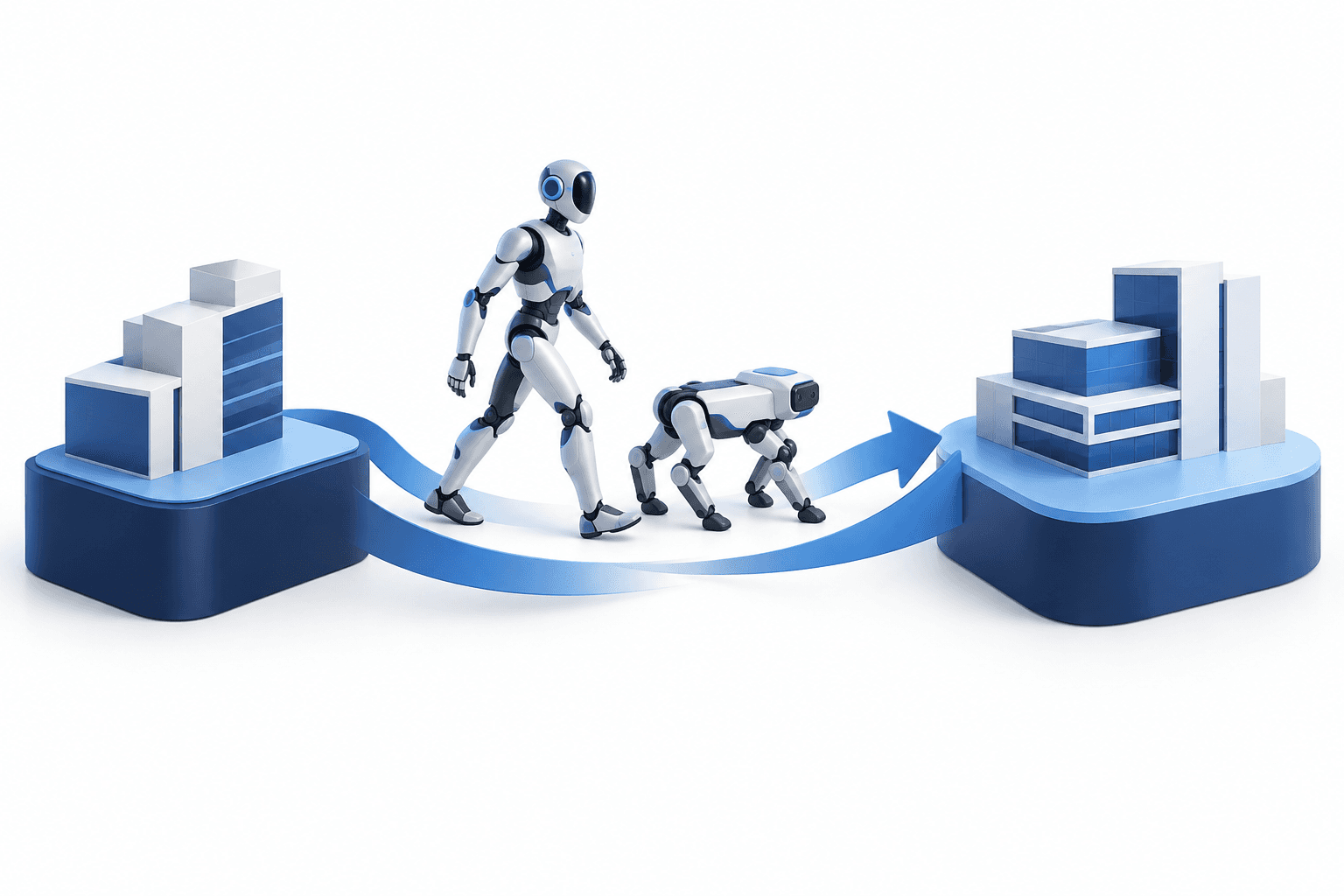 Concept illustration of the FFR robotics acquisition showing humanoid and bionic robots between corporate platforms.