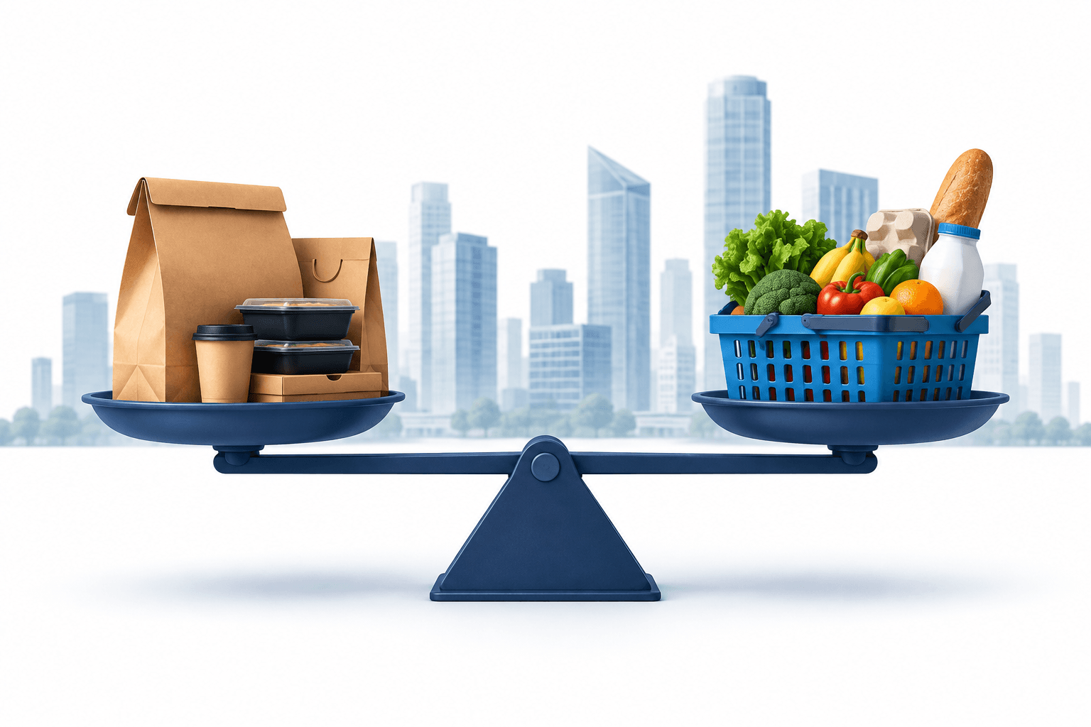 Conceptual illustration of food delivery and grocery expansion balancing profitability as Swiggy shares fall.
