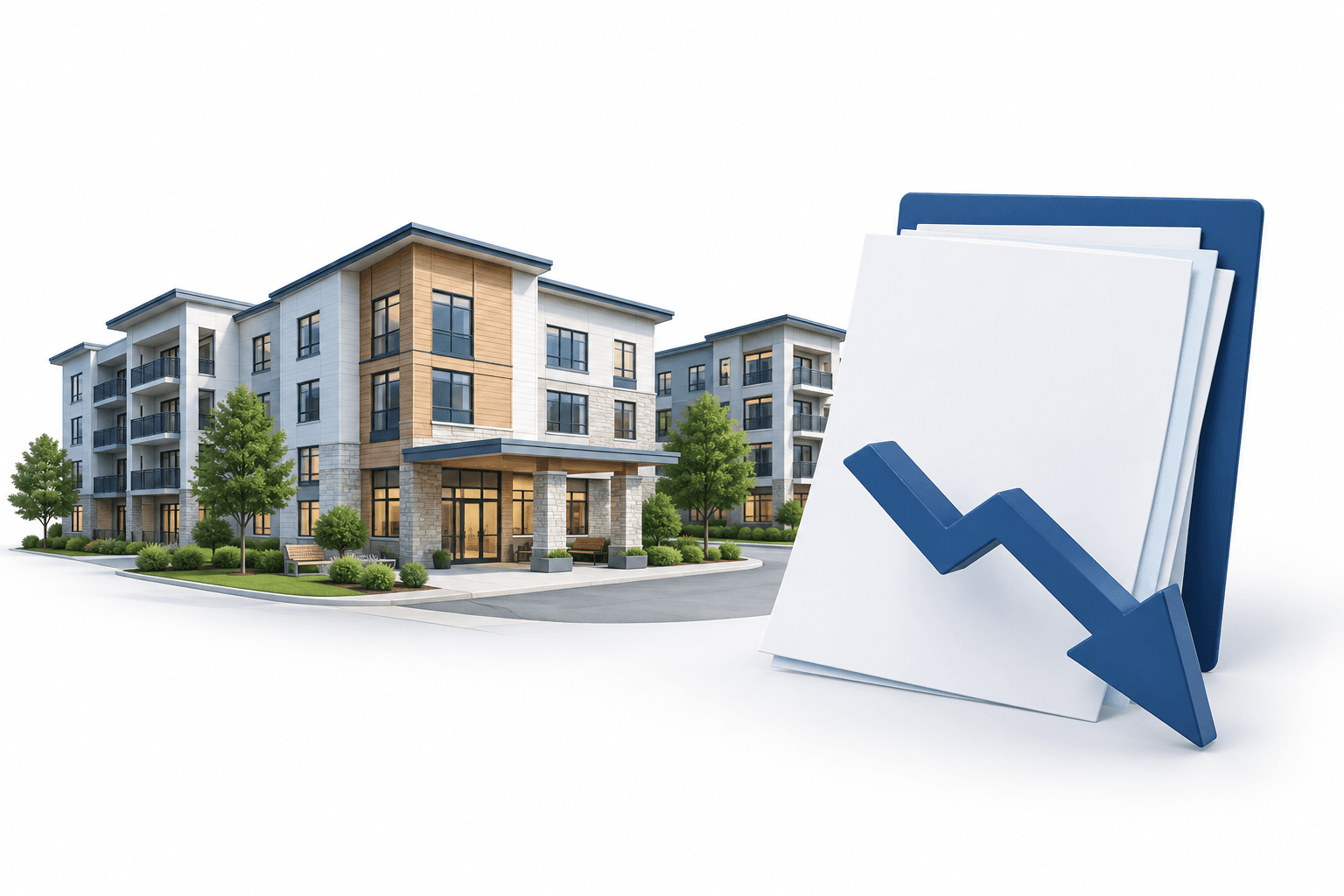 Concept illustration of senior housing buildings and a downward arrow representing Welltower shares after quarterly results.