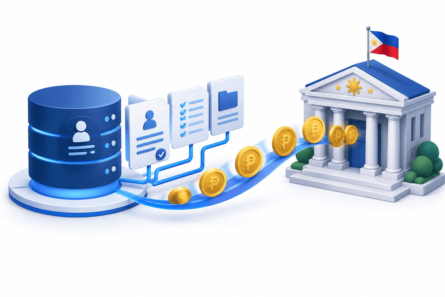 Concept illustration of the CIC dividend flowing from a credit-information database to a government treasury.