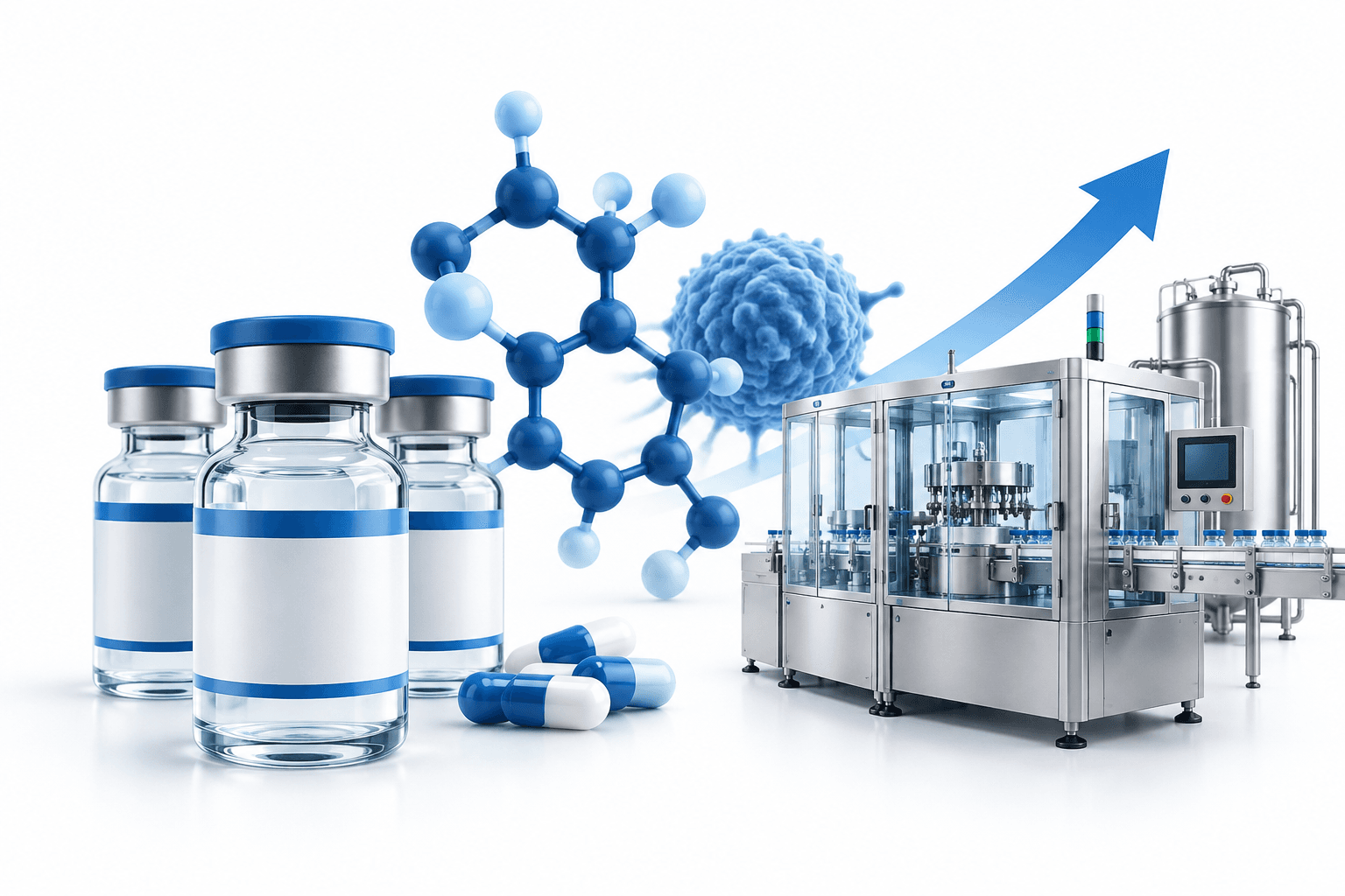 Concept illustration of oncology medicines and manufacturing representing Sakar Healthcare profit growth.