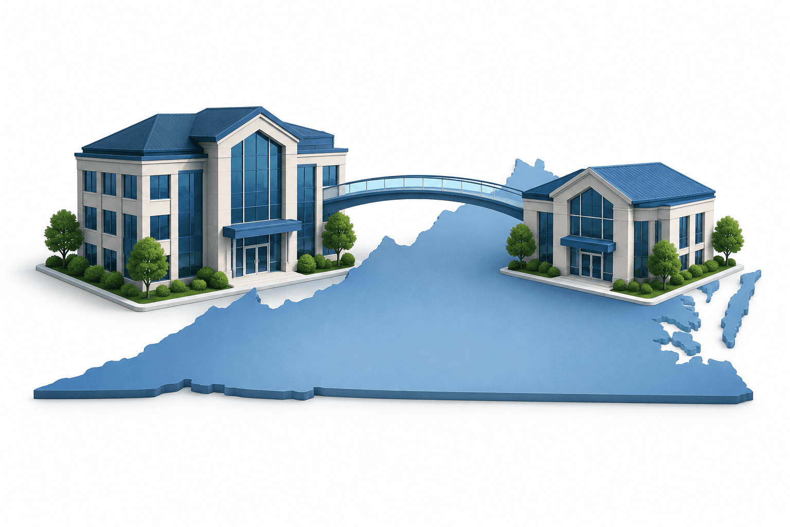 Concept illustration of the HomeTrust acquisition connecting two regional banks with a bridge over Virginia.