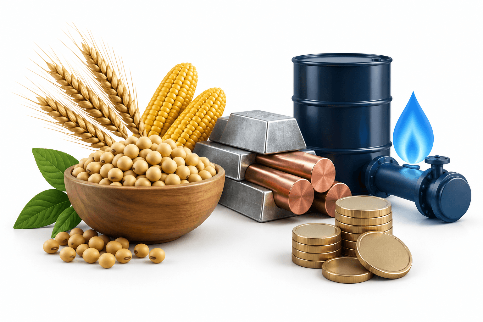 Soybean futures concept illustration with soybeans and a diversified group of commodity objects.