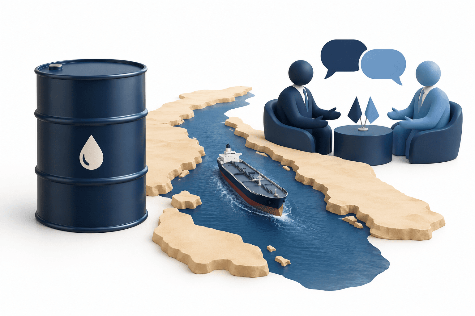 Oil prices illustration showing an oil barrel, a tanker in a narrow waterway and abstract diplomatic dialogue forms.