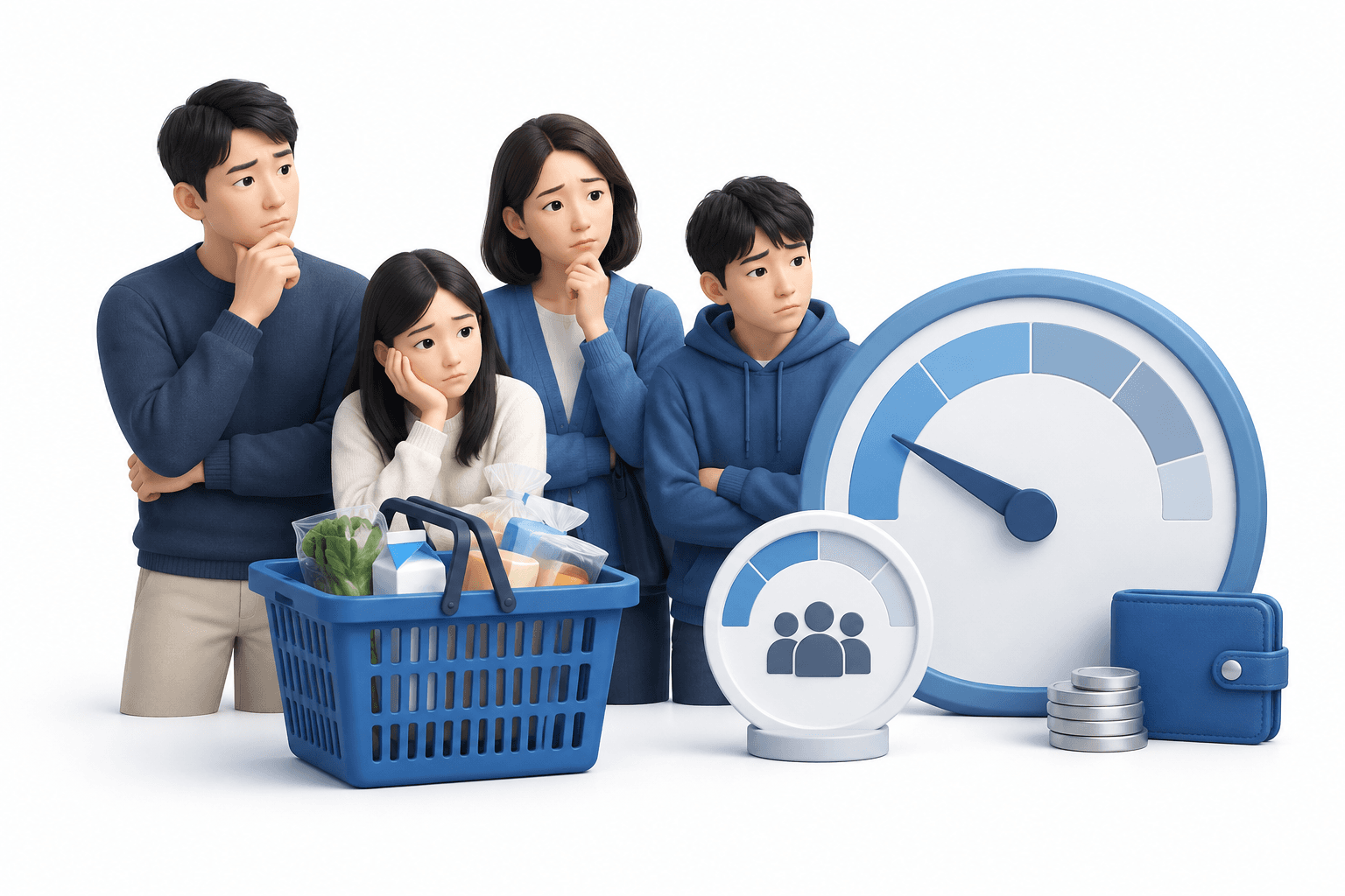 Concept illustration of Korean consumer confidence showing households, a shopping basket and subdued economic indicator dials.