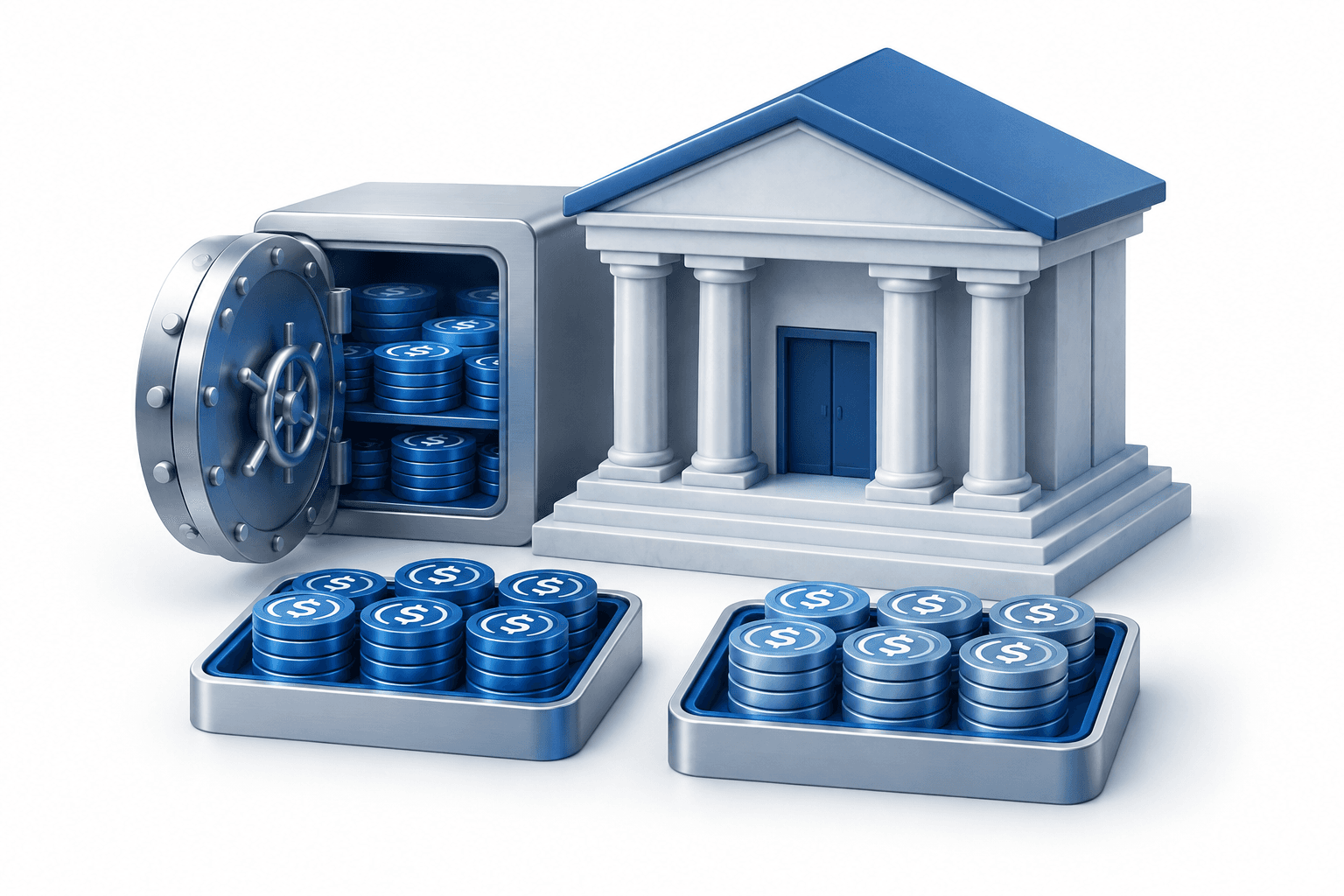 Concept illustration of the Ripple trust bank with a vault and digital tokens representing stablecoin reserves and custody.