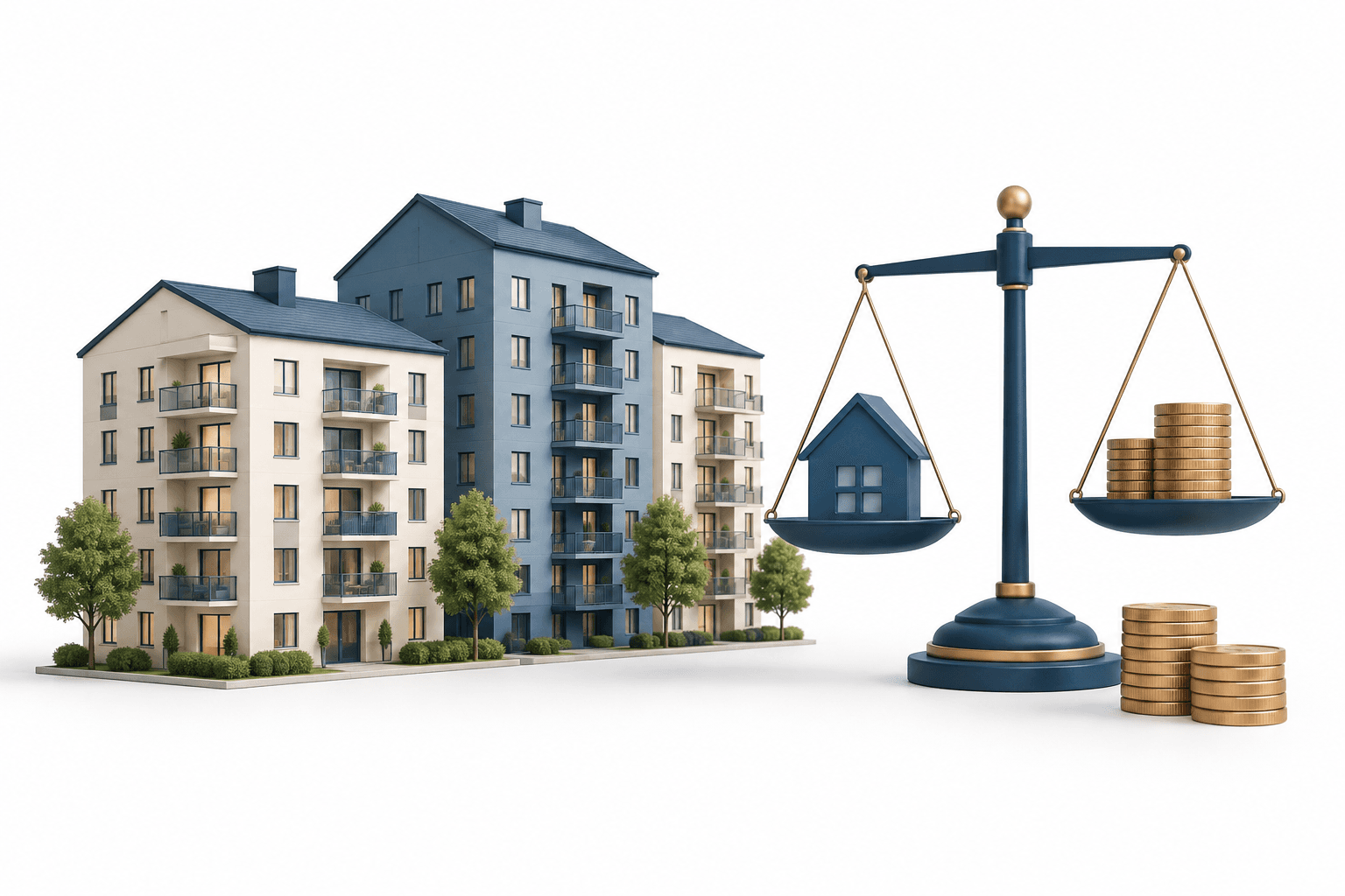 Illustration of European apartment buildings and financial balance symbols representing Heimstaden Bostad.