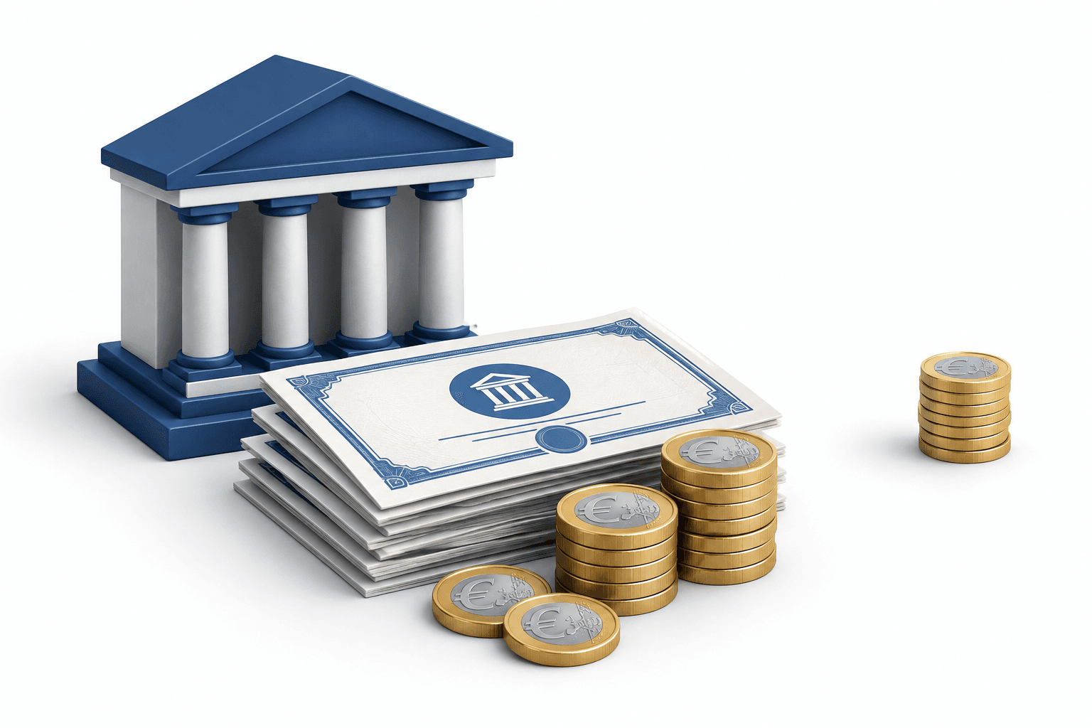 Concept illustration of the completed ING buyback with share certificates and euro coins.