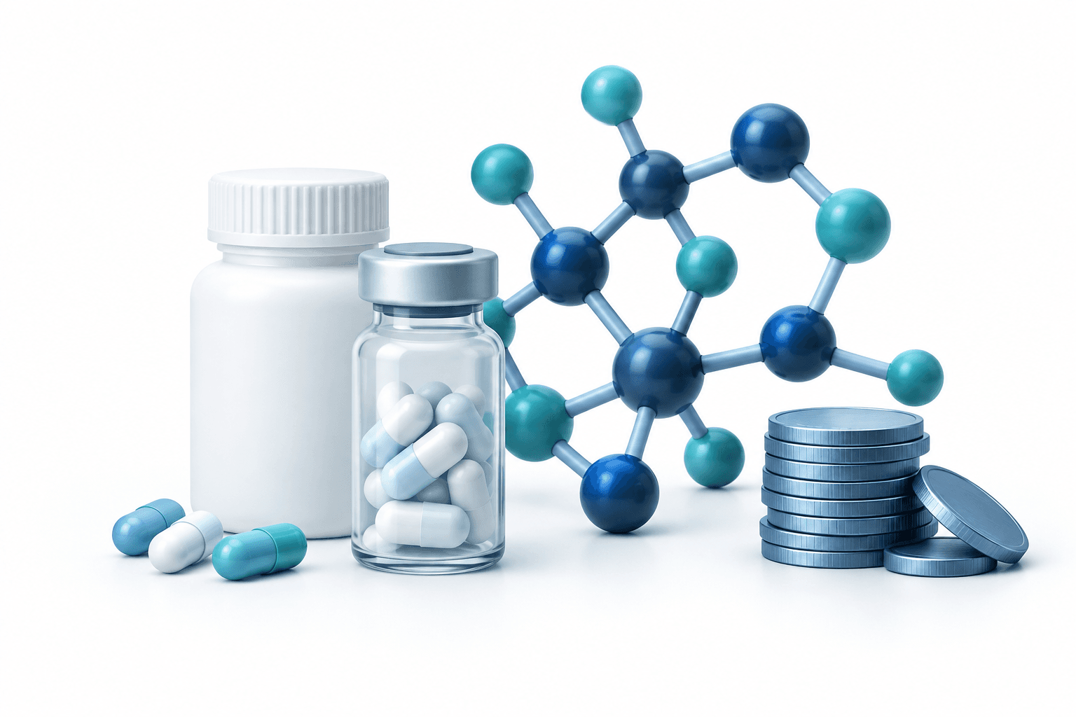 Pharming earnings concept illustration with unbranded medicines, a molecule model and financial coins.
