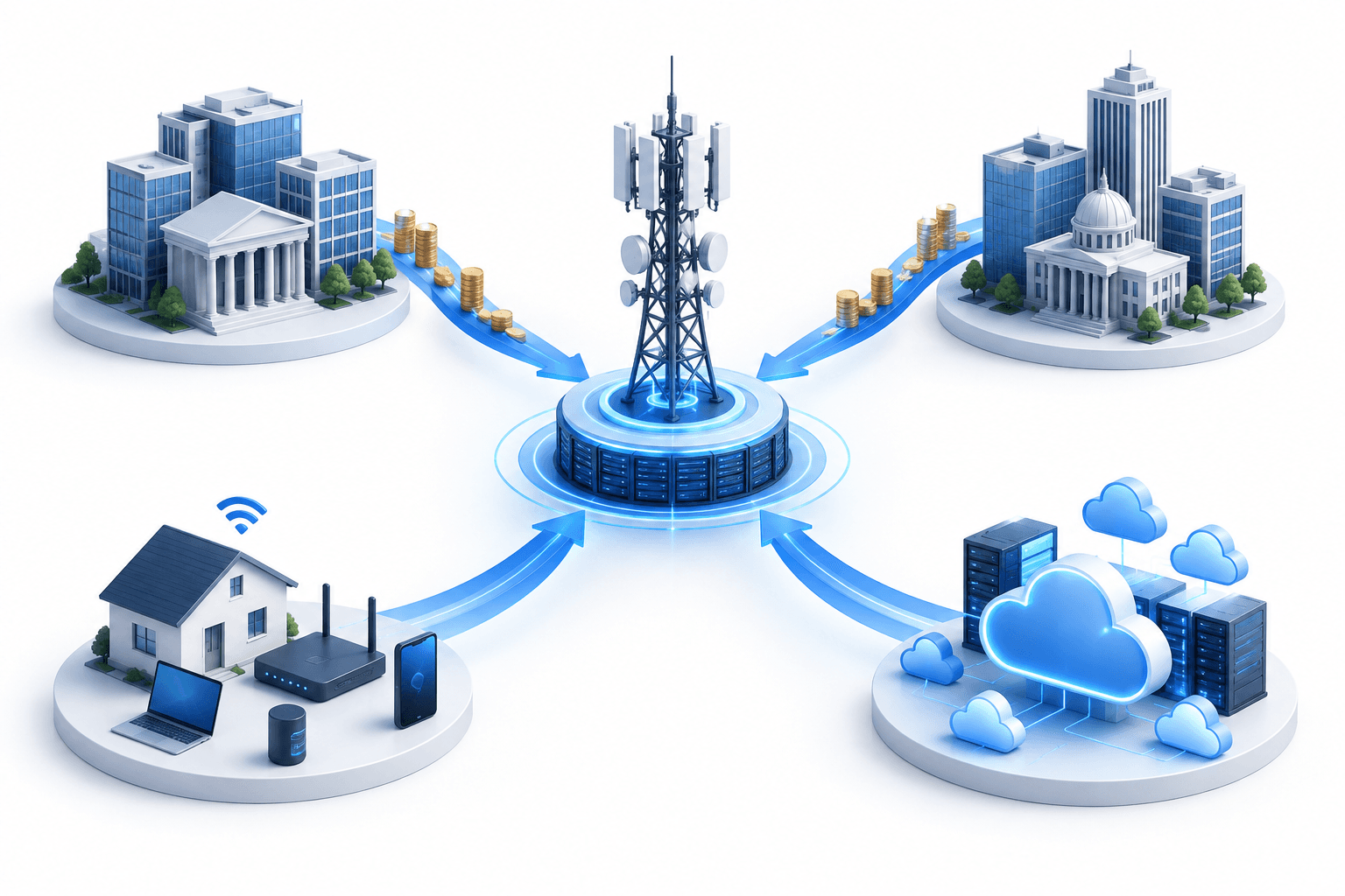 Conceptual Jio IPO illustration linking institutional investment with telecom networks, home broadband and cloud services.