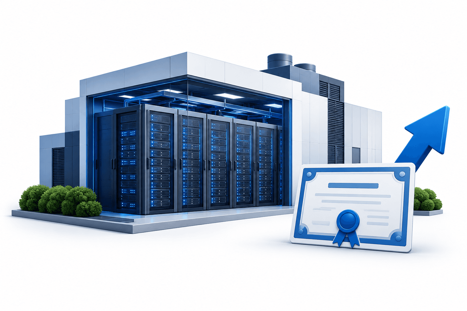Illustration of server racks and a stock certificate representing Equinix stock