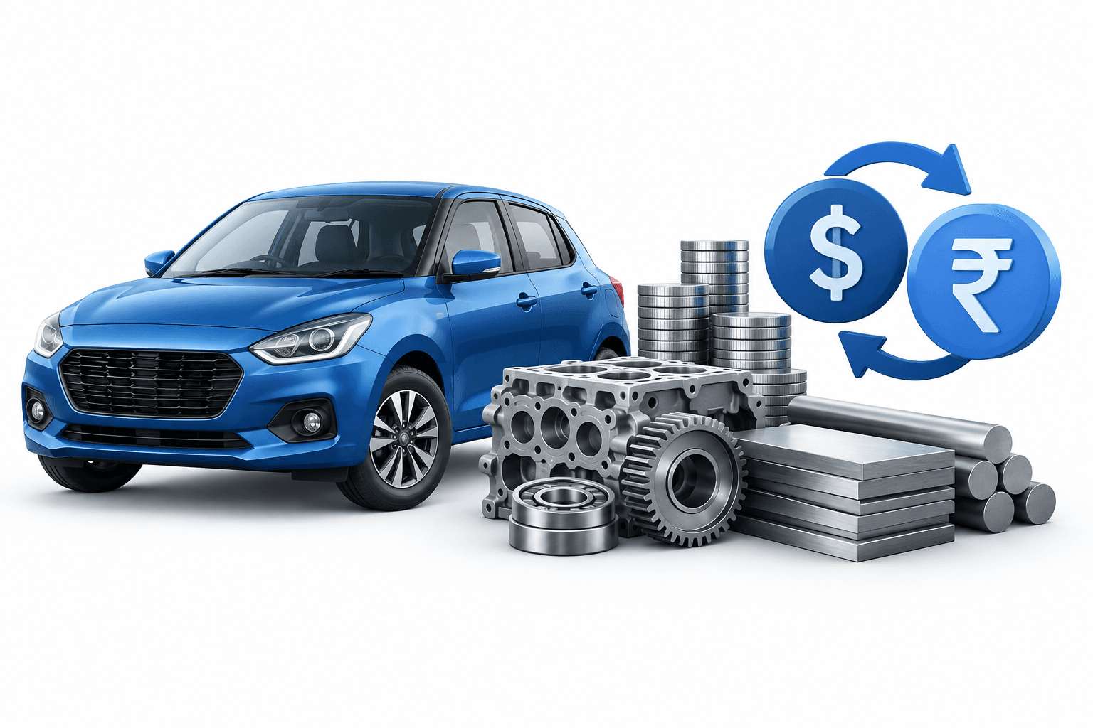 Concept illustration of a car, manufacturing materials and currency exchange for Maruti Suzuki earnings