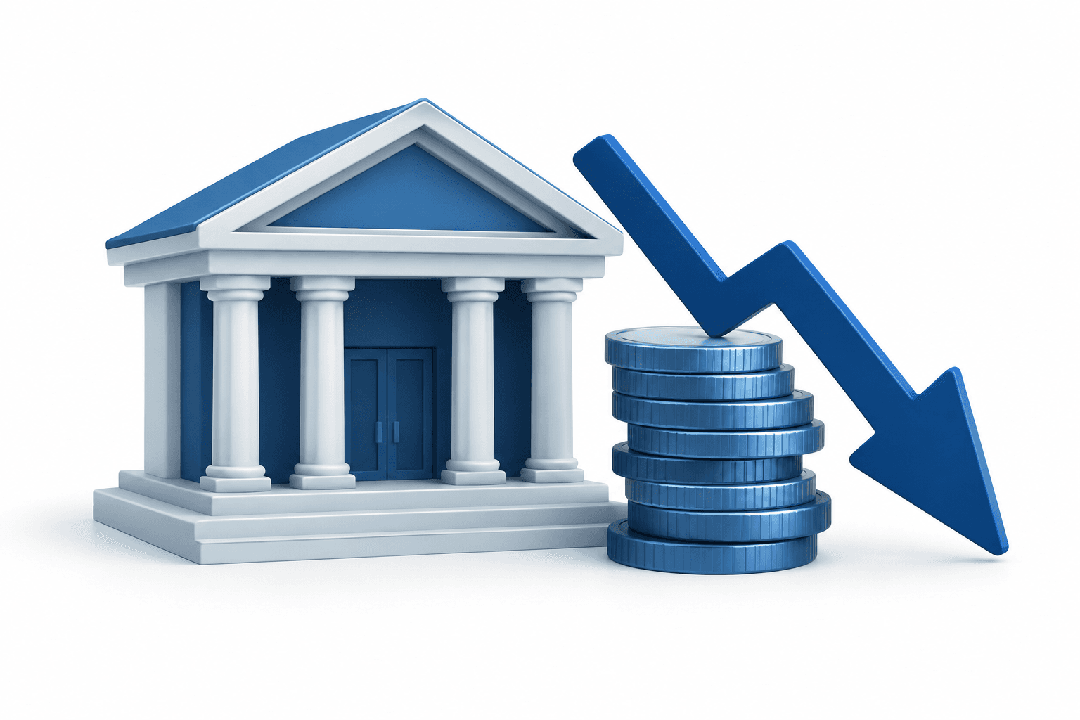 Illustration of Capital One stock with a generic bank, coins and a downward arrow