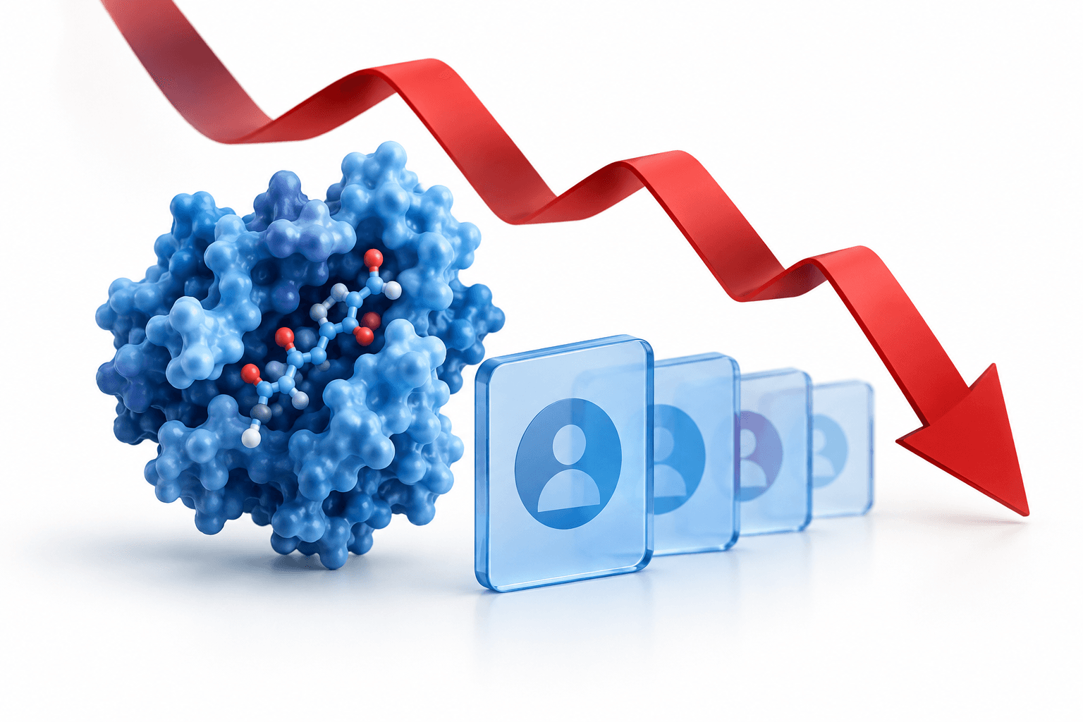 Conceptual illustration of Arcus shares falling alongside a biotechnology molecule and equity-share tiles.