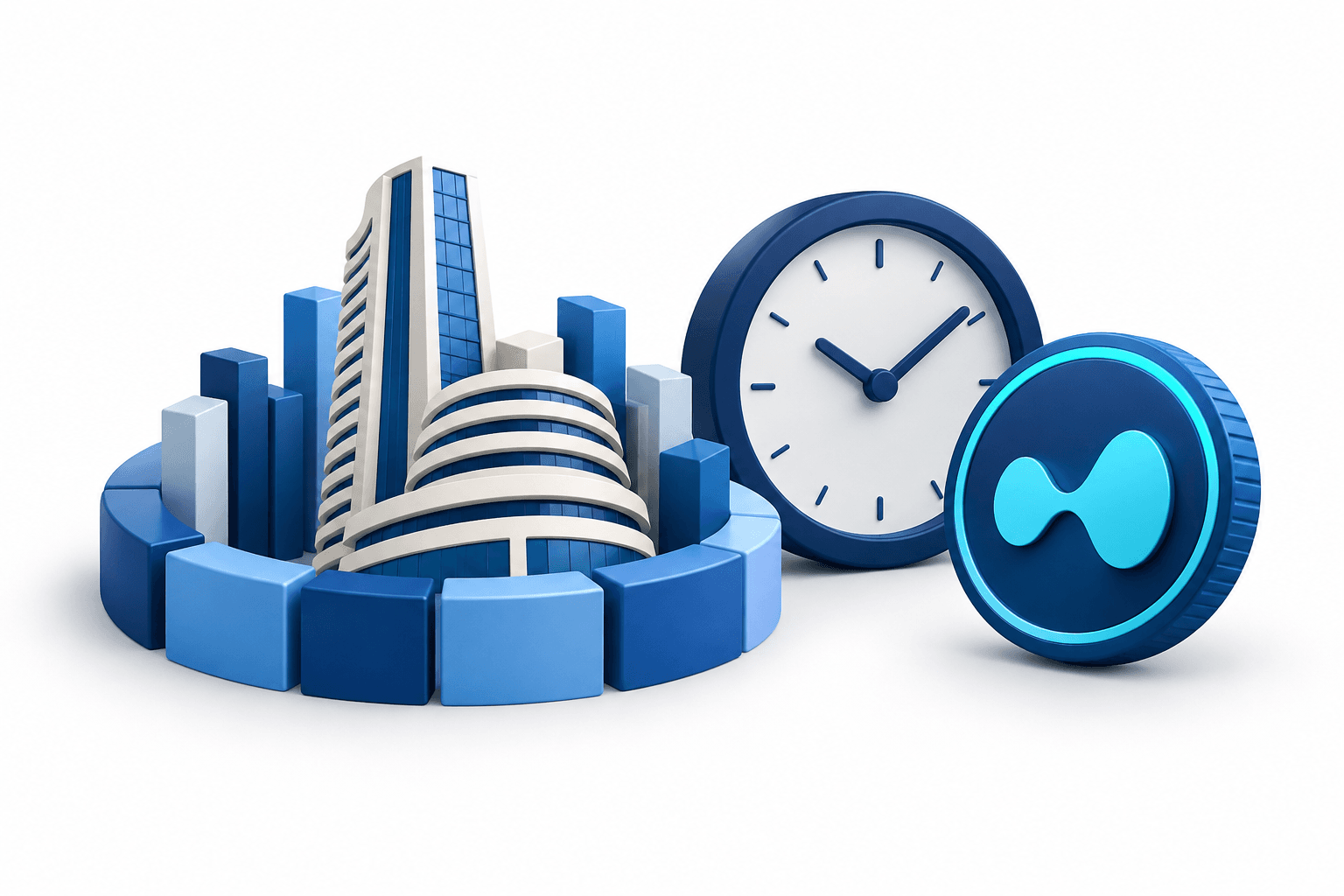 Concept illustration of a Nifty 50 perpetual with a clock, abstract company blocks and a digital coin