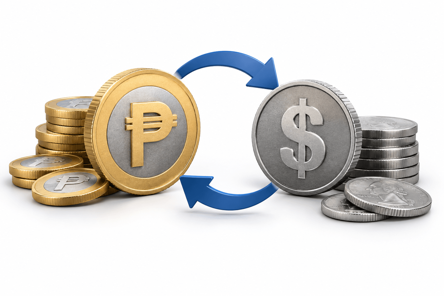 Illustration of Philippine peso and US dollar coins representing the Philippine peso exchange rate