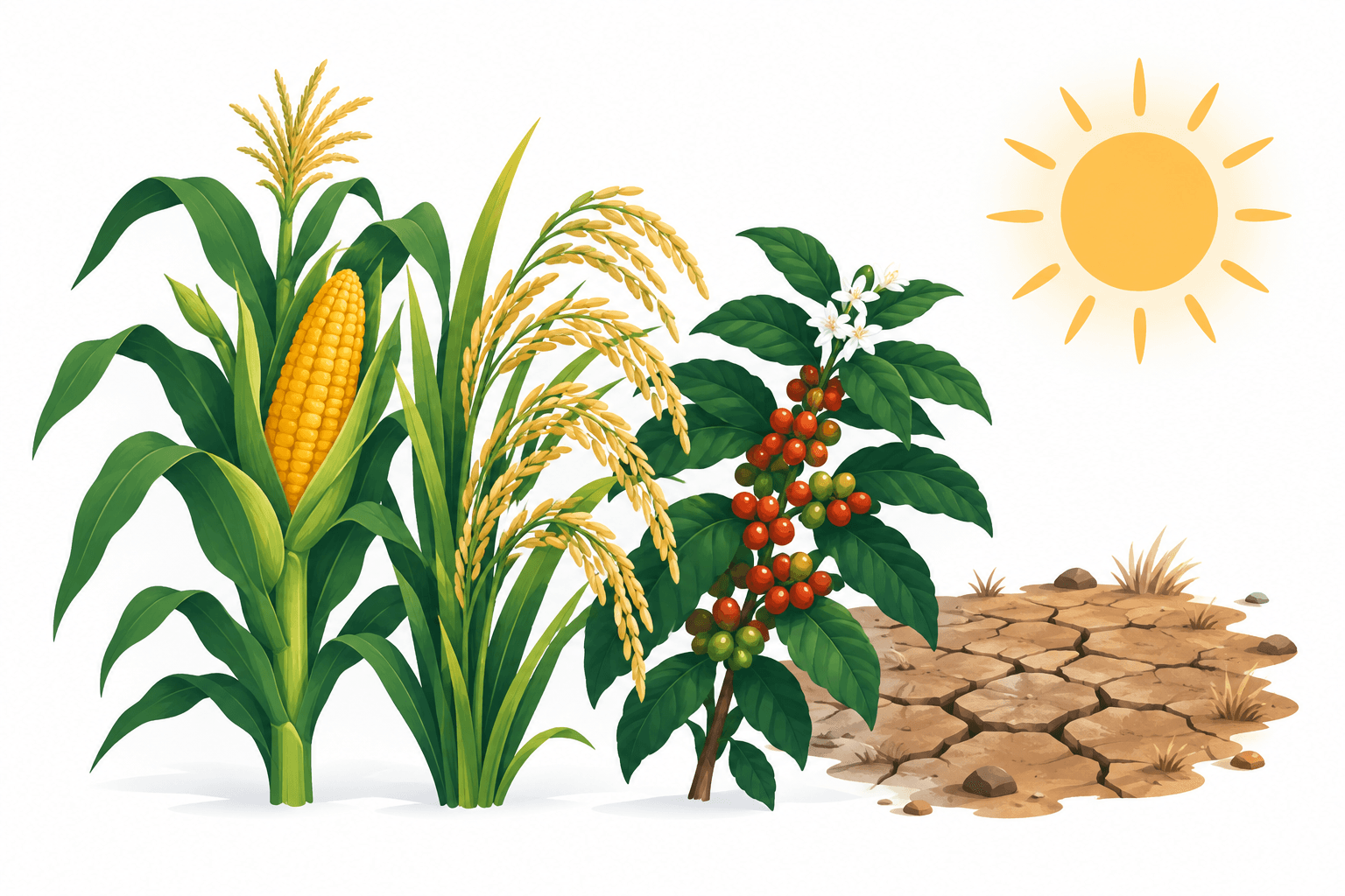 Illustration of maize, rice and coffee beside dry soil representing El Nino crop risks