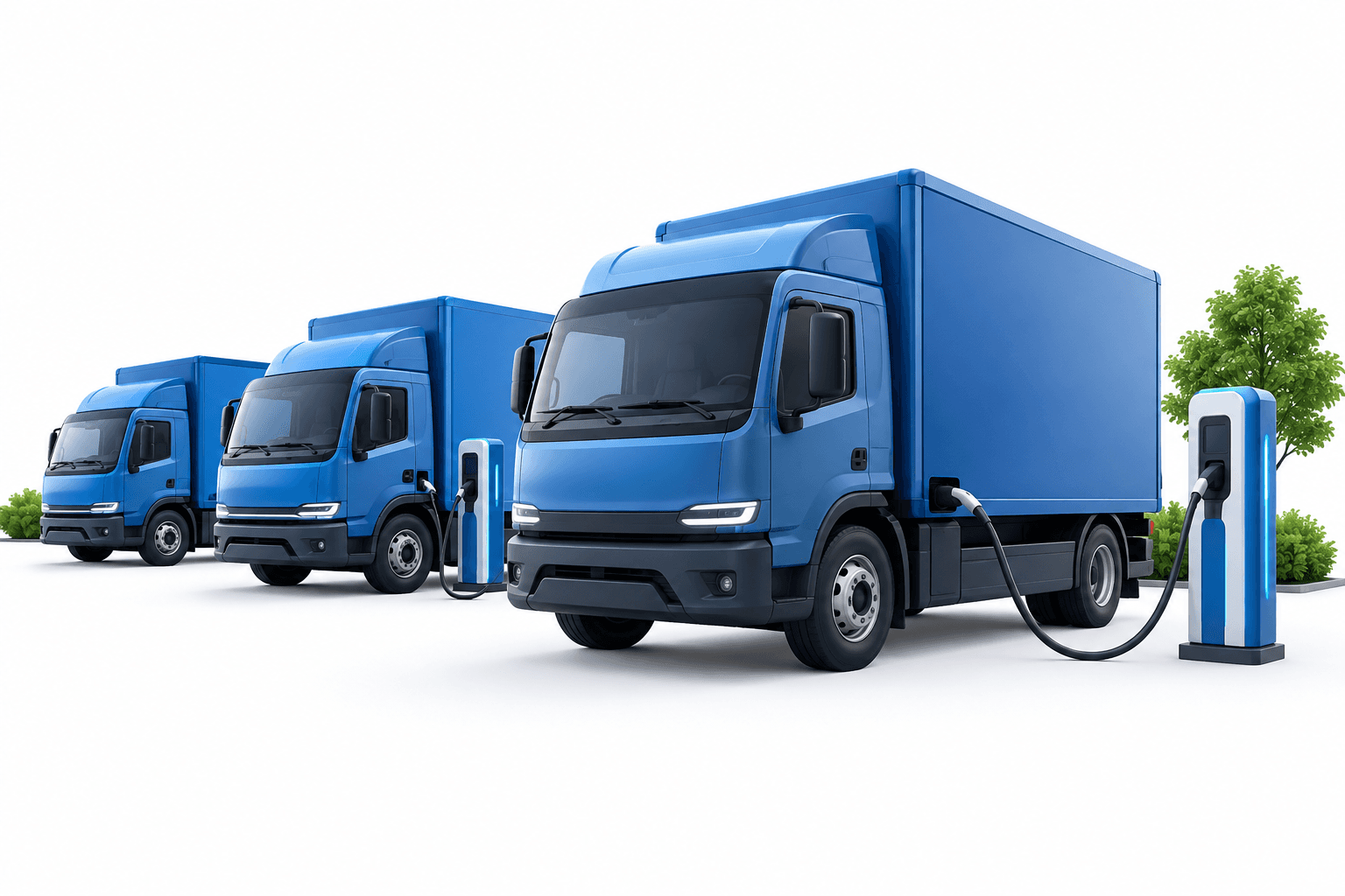 Electric trucks illustrated as a fleet of delivery vehicles with charging elements