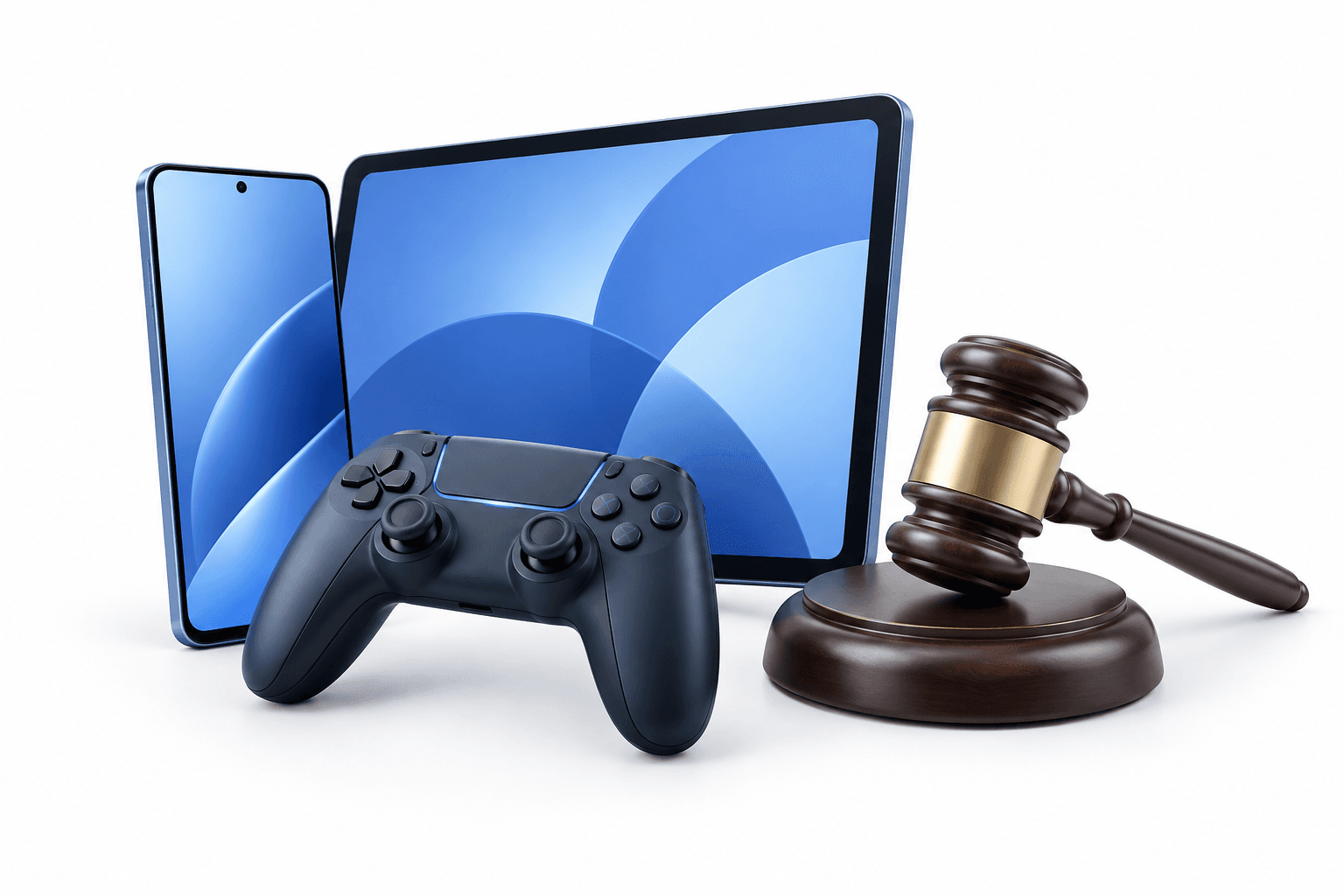 Illustration of devices, a game controller and a gavel representing the Samsung gaming fine