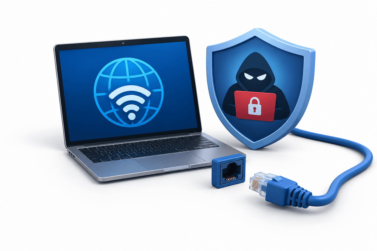 Illustration of a disconnected computer and shield representing the GMO Internet cyber warning
