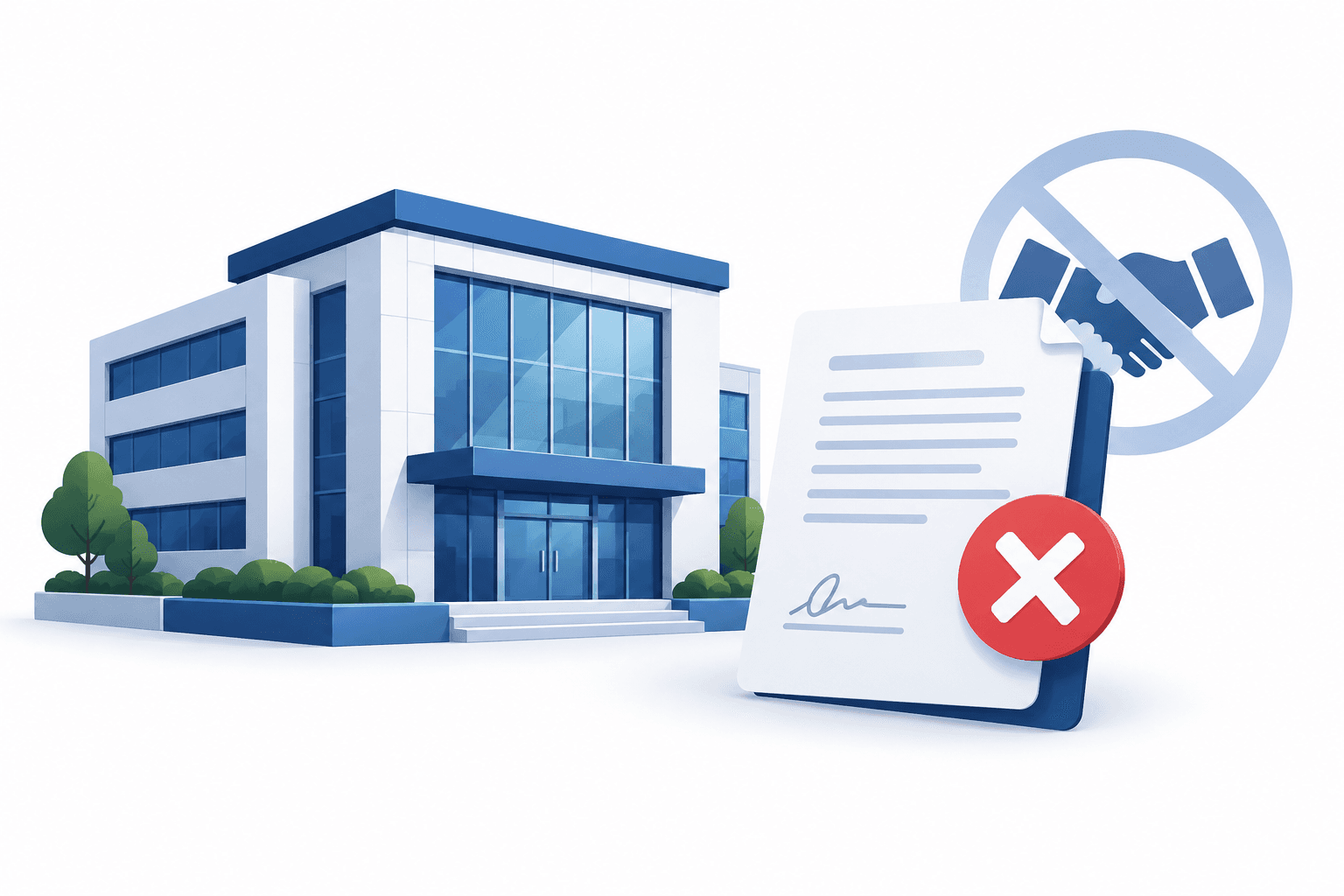 Illustration of a bank building and rejected document representing Bandhan Bank acquisition talks